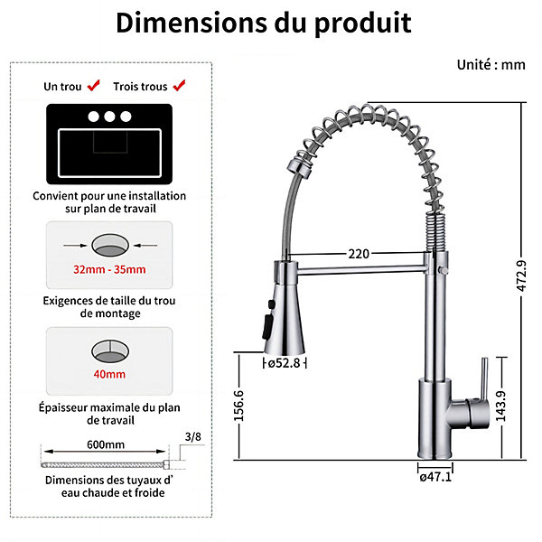 Mitigeur Cuisine Chromé avec Douchette Robinet de Cuisine à Ressort Robinetterie de cuisine Rotation