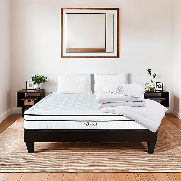 Pack Bartoldi 140x190 cm Matelas Ressorts   Sommier Bois   Accessoires
