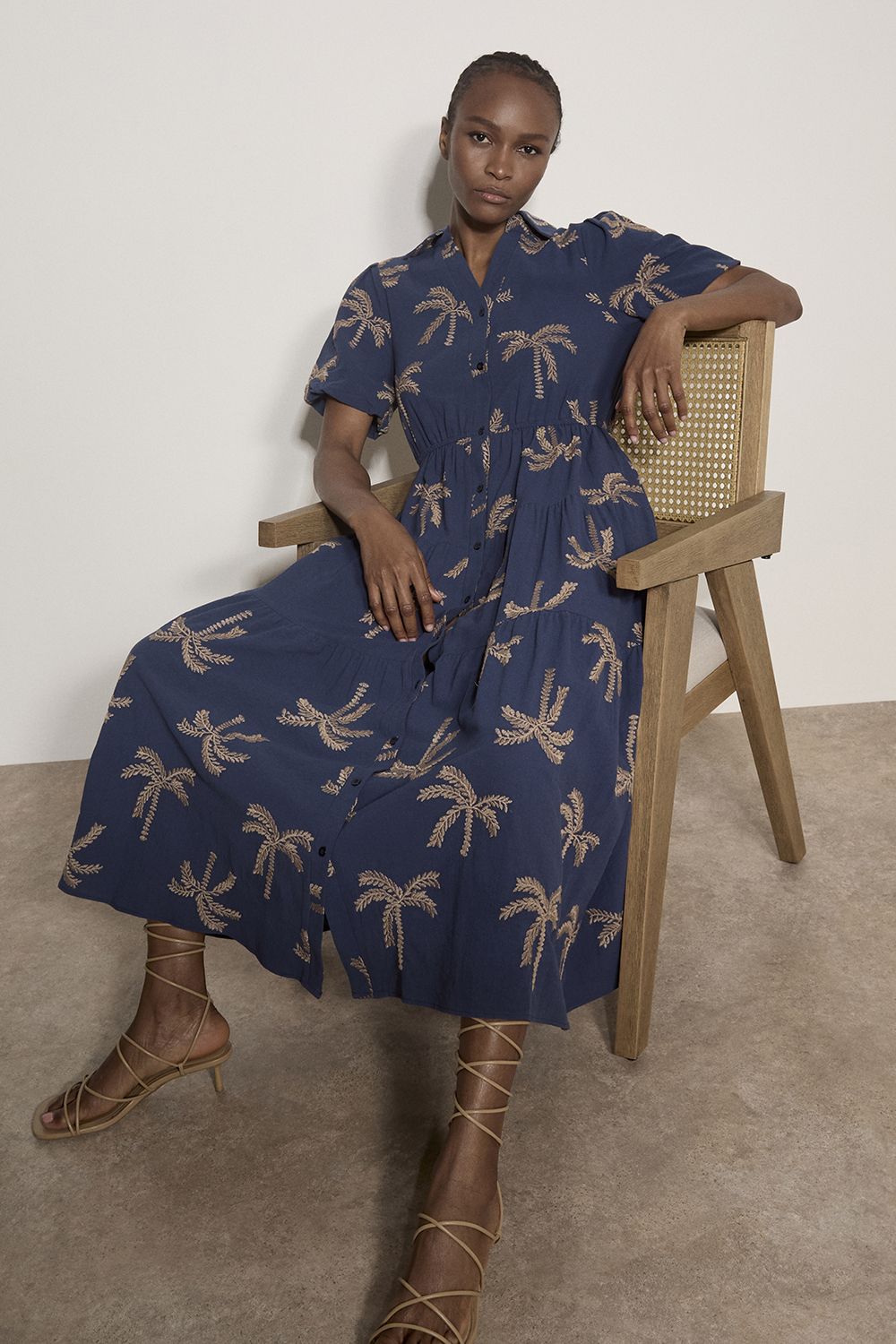 Apricot Embroidered Palms Cotton Midi Dress