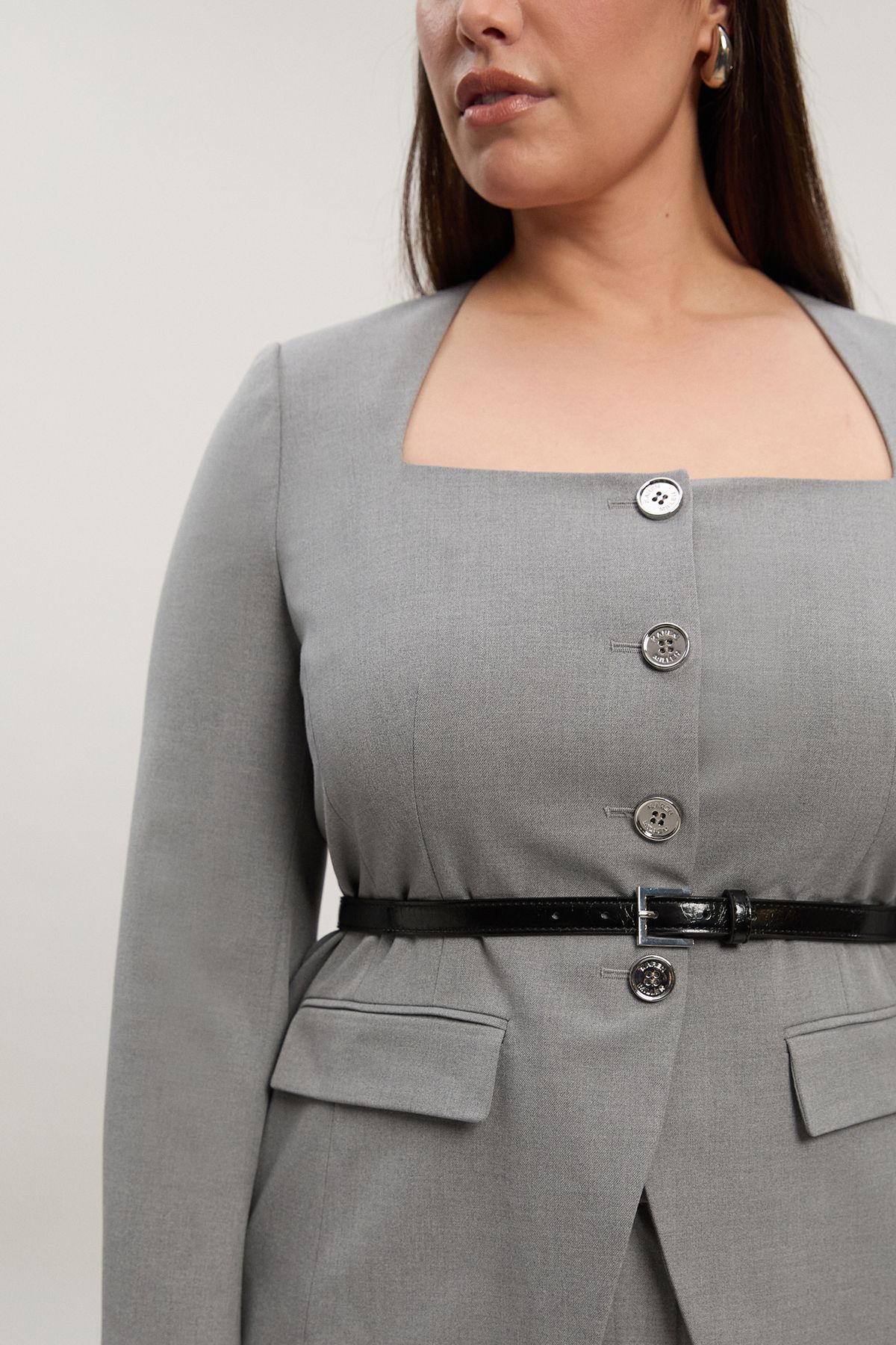 KarenMillen Plus Size Tailored Marl Belted Square Neck Blazer