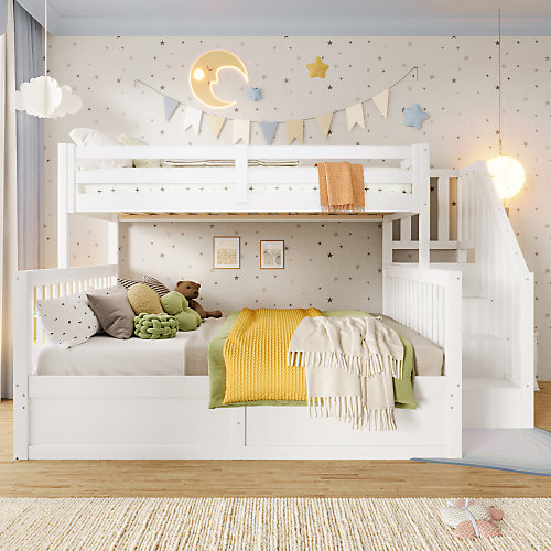 Lit superposé 90x200cm   140x200cm - avec échelle - avec espace de rangement - blanc (matelas non inclus)
