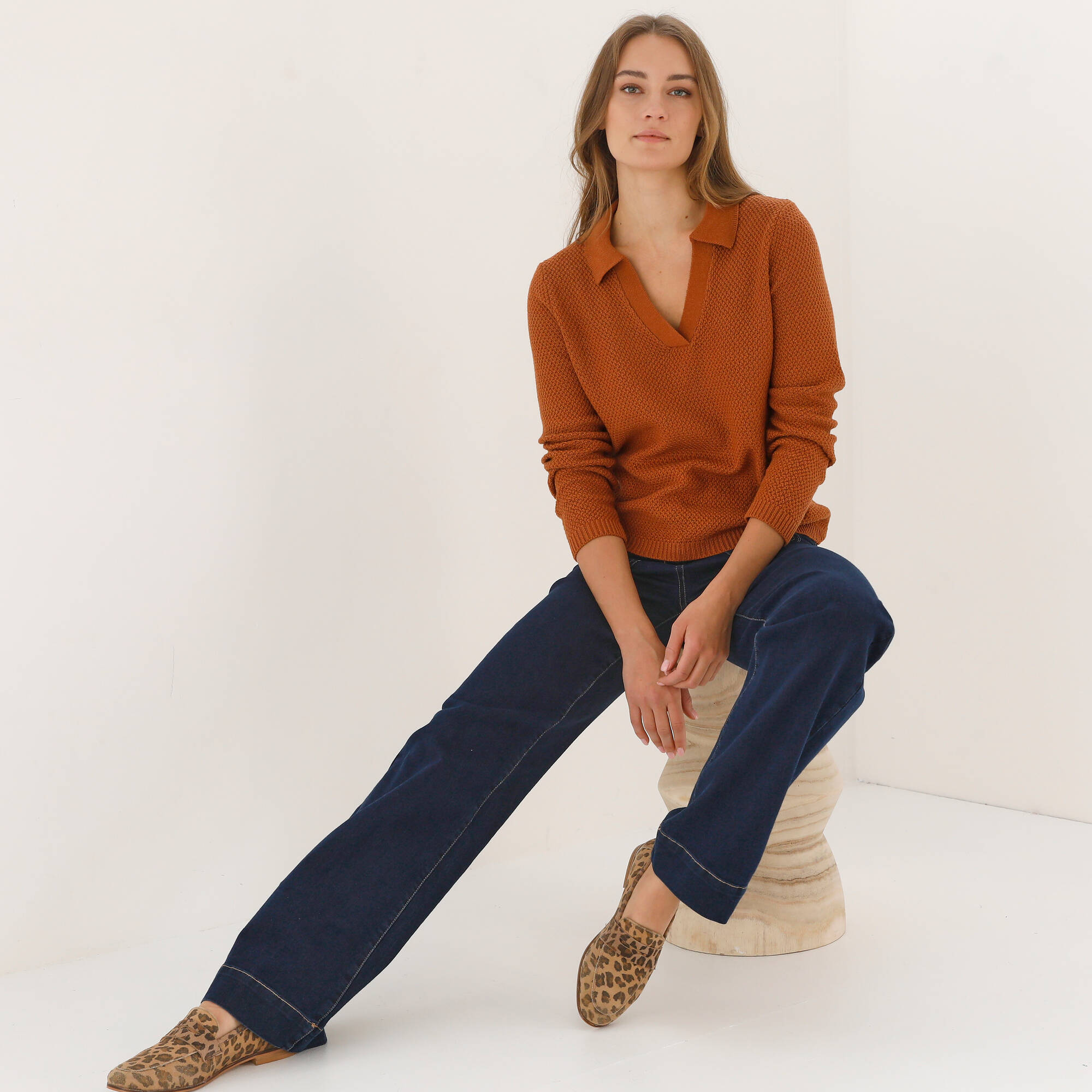 Pull col polo, maille fantaisie