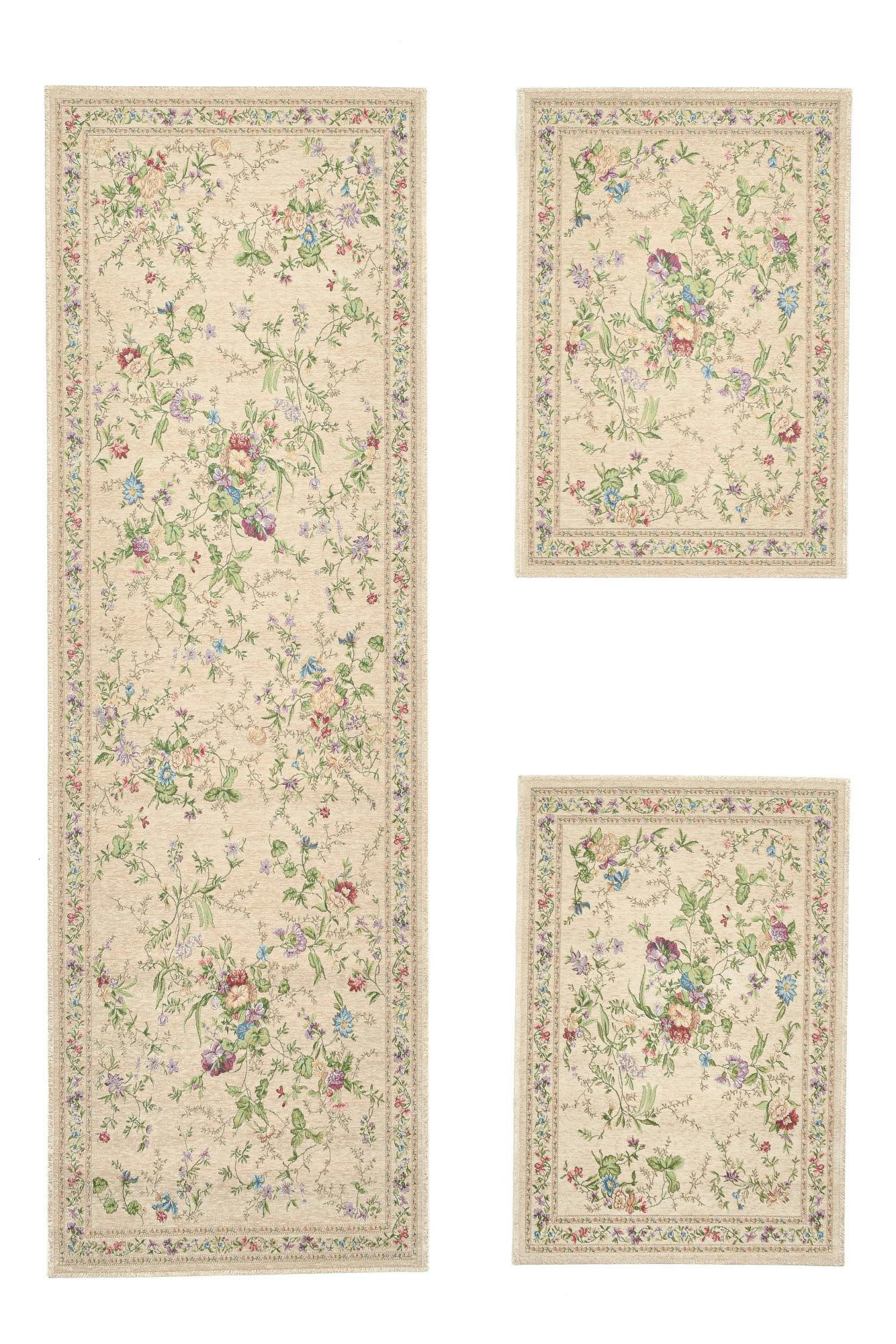 FLOMI - Tapis floral tissé plat beige 70x400 cm