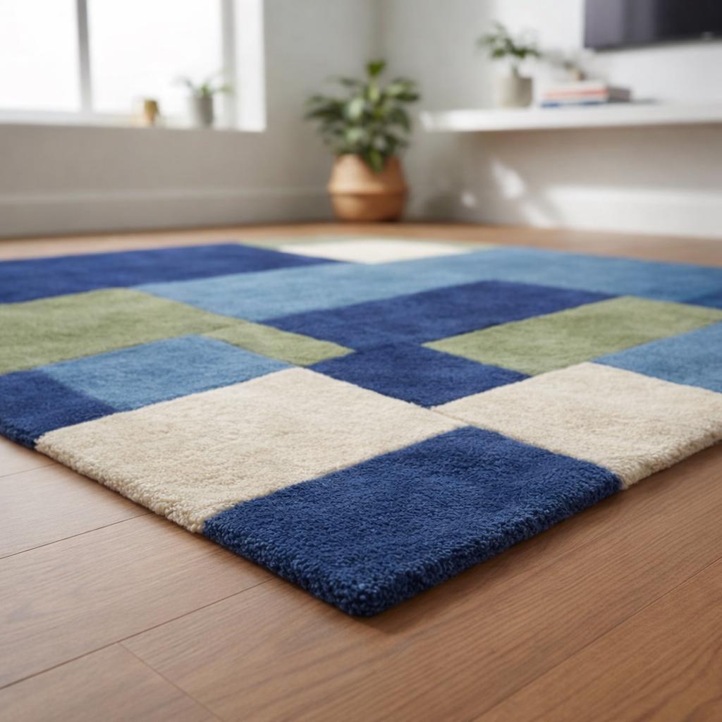 Modern Geometric Color Block Rug, Navy Blue Green Beige, Hand Tufted Plush Area Carpet for Living Room Bedroom 5x7