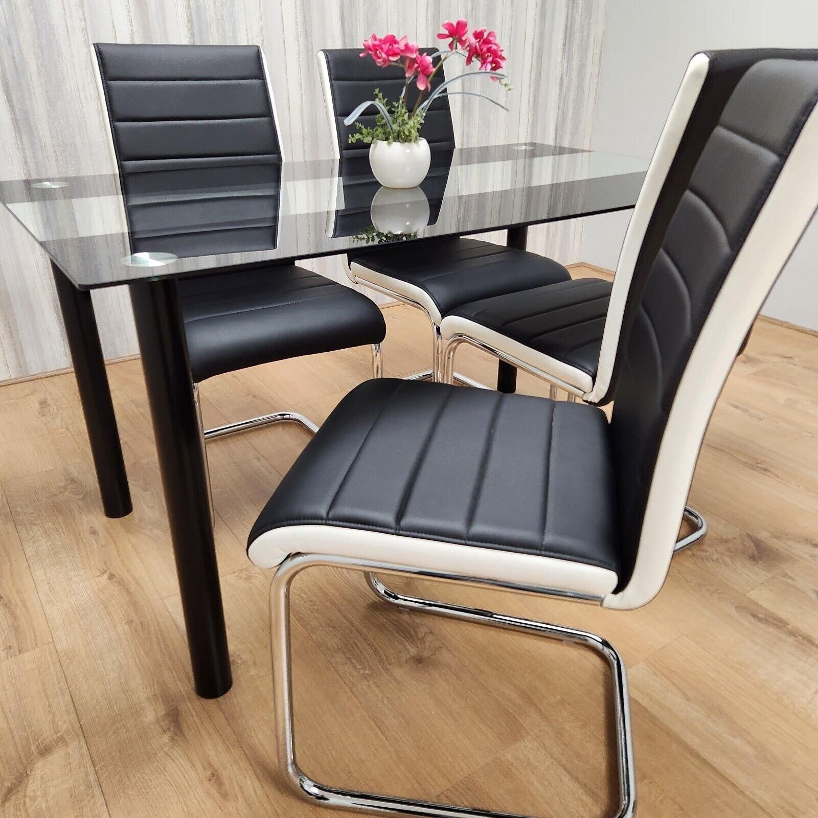 KOSY KOALA Dining Table Set of 4 Black Clear Table and Faux Leather Padded Chrome Black White Kitchen Chairs Dining Sets