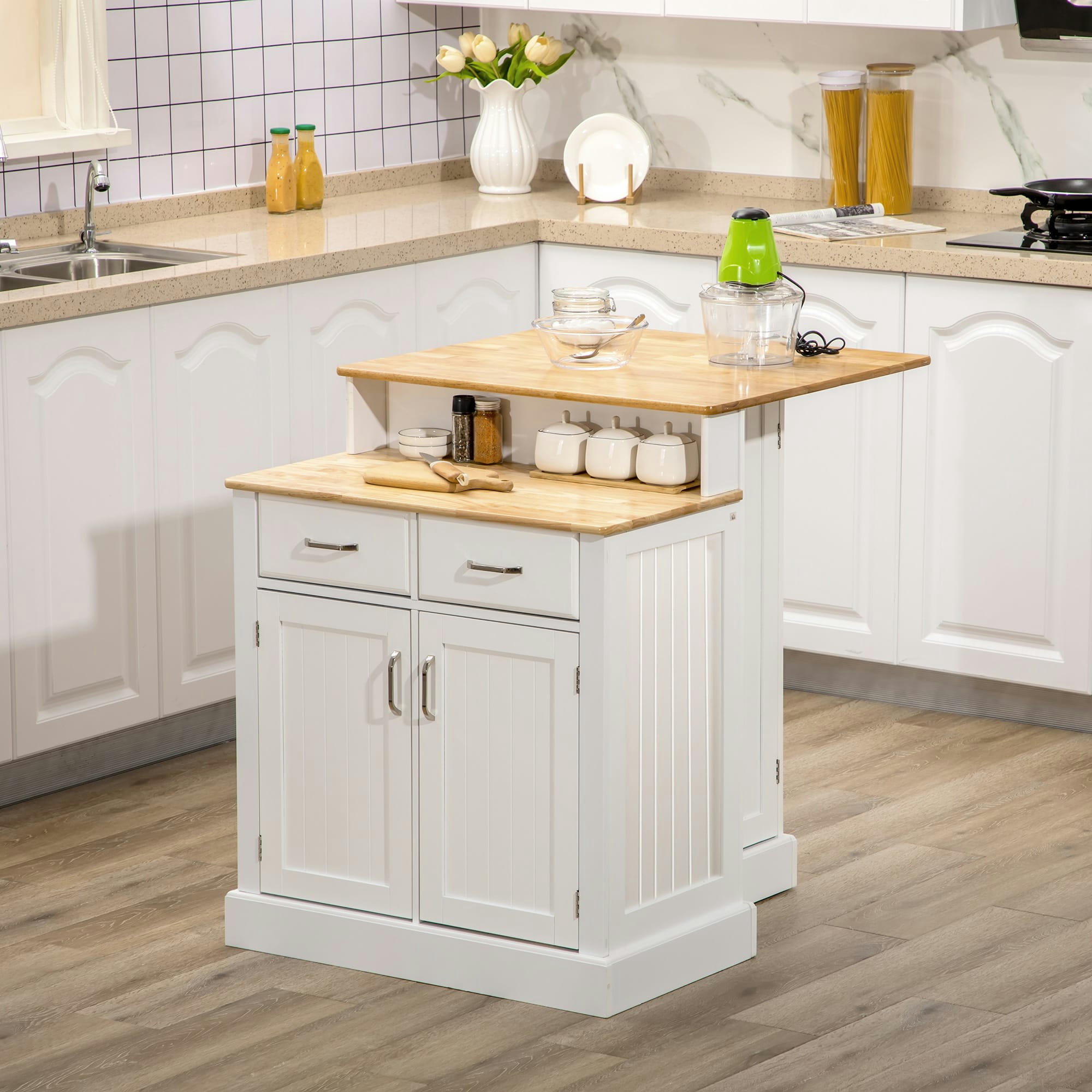- Îlot central de cuisine multi-rangement panneau blanc bois hévéa verni