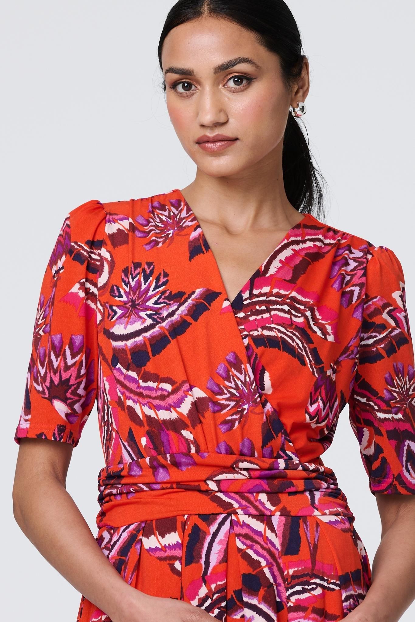 Izabel London Tropical Print Faux Wrap Midi Dress