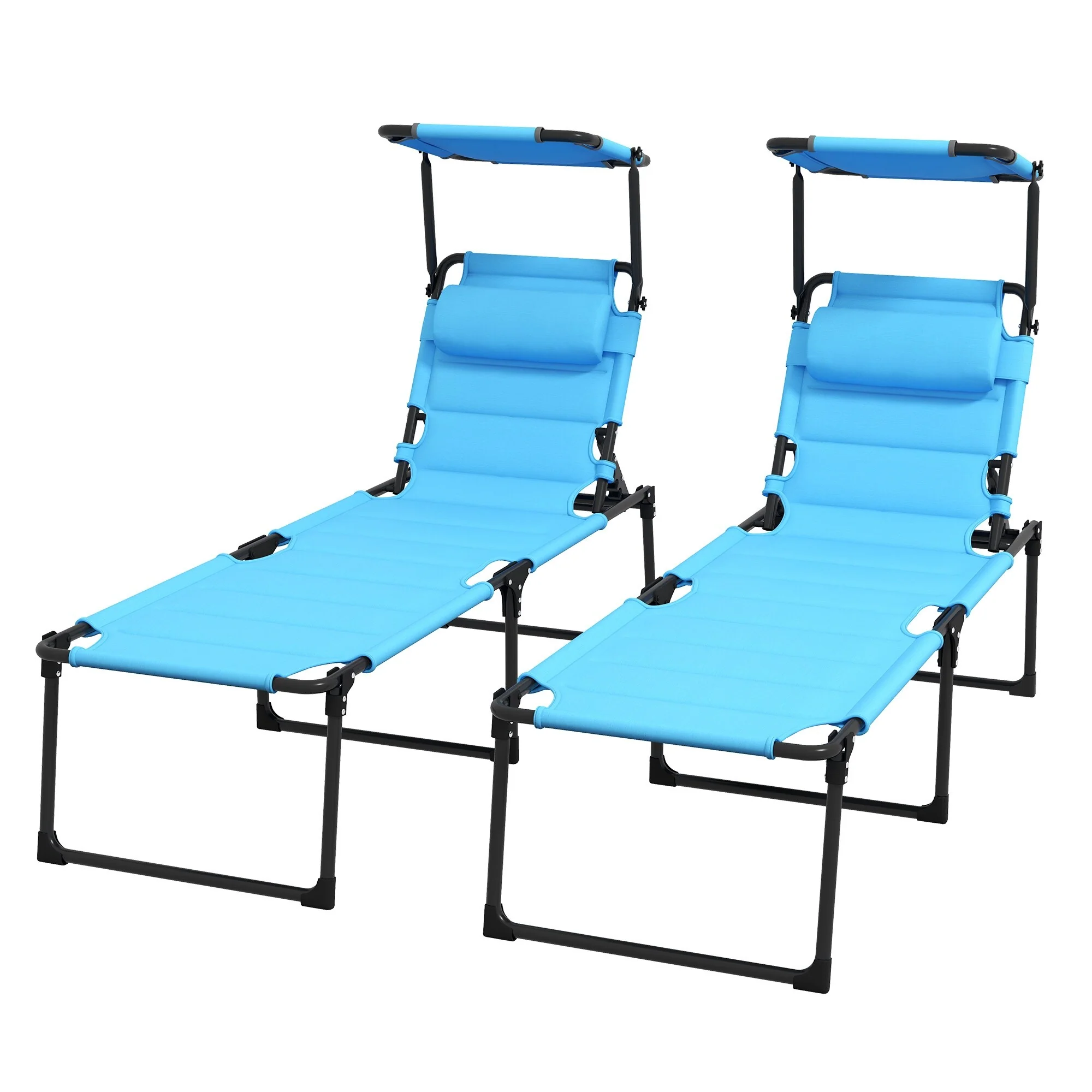 Outdoor Folding Chaise Lounge Chair Set of 2 with Canopy, Pillow and 4-Position Recline for Beach Patio or Camping