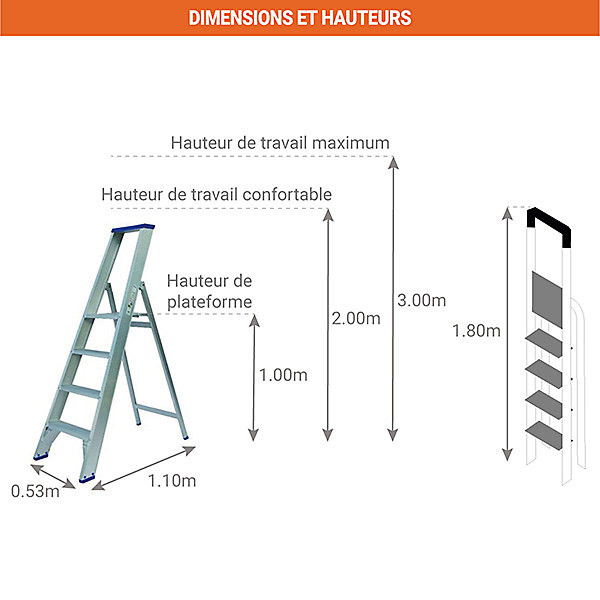 Escabeau alu 4 marches - Hauteur max. de travail 3.00m - PT04