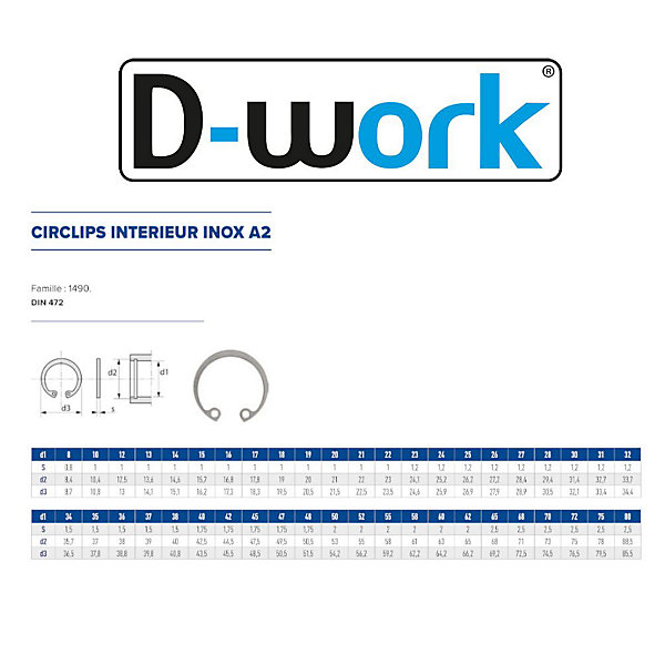 25 Circlips Intérieurs D. 38 mm - DIN 472 - Inox A2 - D-Work