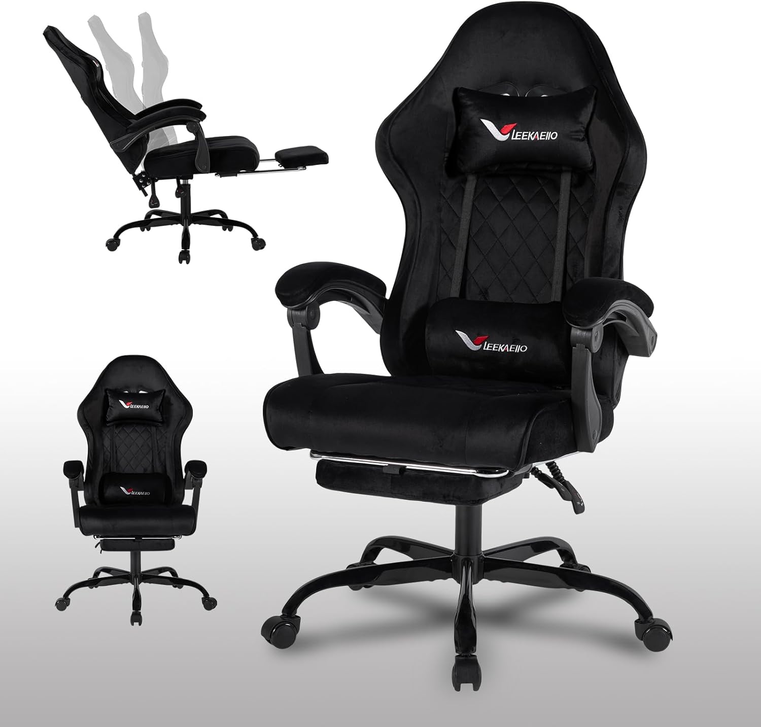 Velvet Gaming Chair for Adults with Pocket Spring Cushion Seat,Soft Gaming Chair Fabric with Extendable Footrest, Swivel Recliner with Ergonomic Lumbar Support and Headrest for Home/Office(Black)