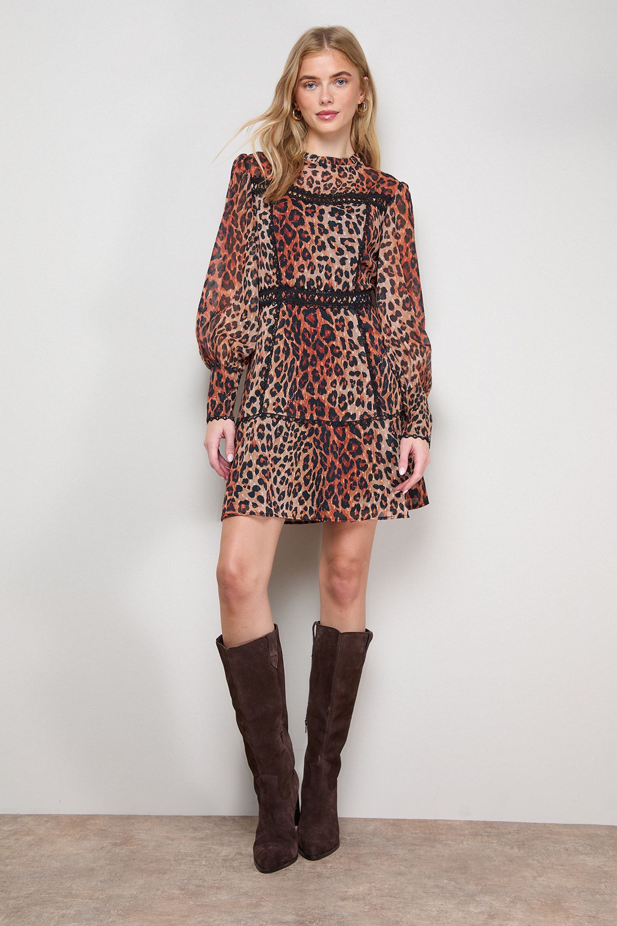 Oasis Printed Lace Trim Long Sleeve Flippy Mini Dress