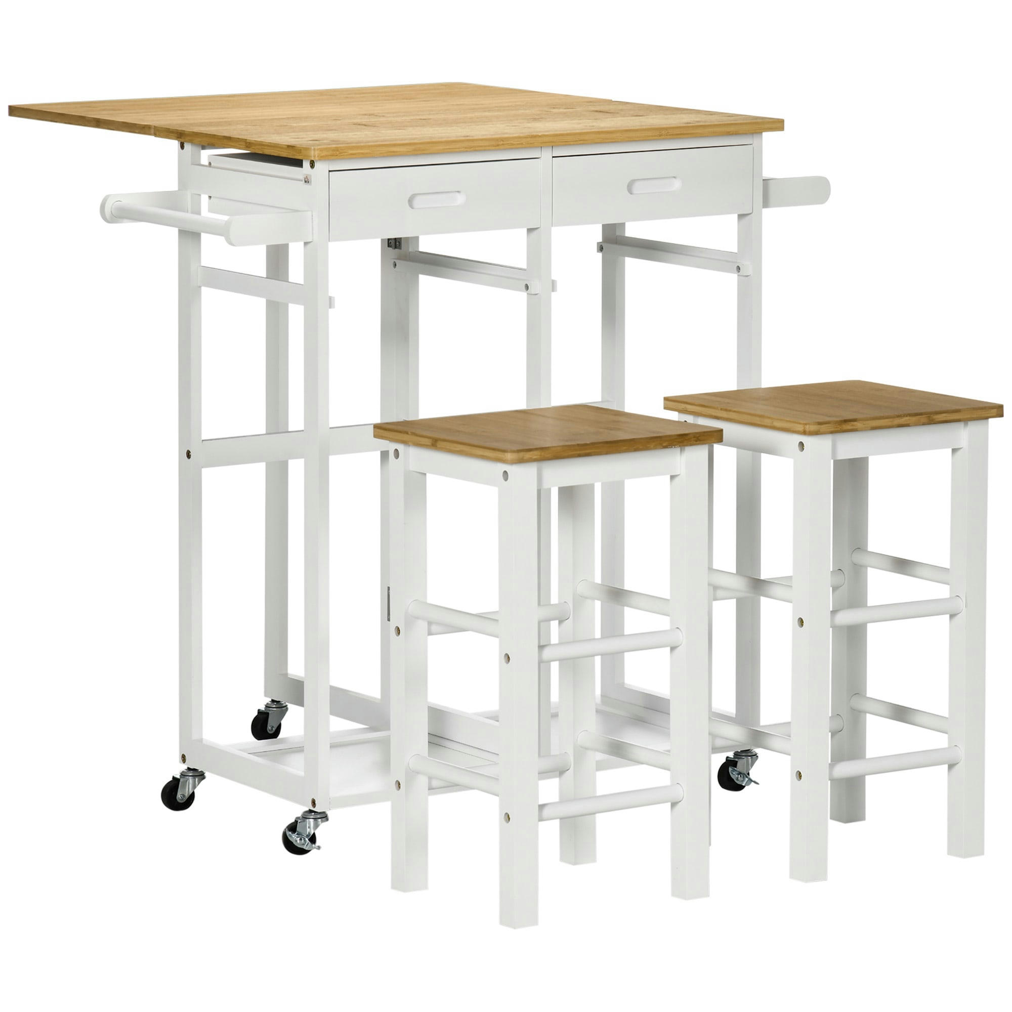 - Ensemble table de bar 2 tabourets 2 tiroirs bois bambou verni blanc