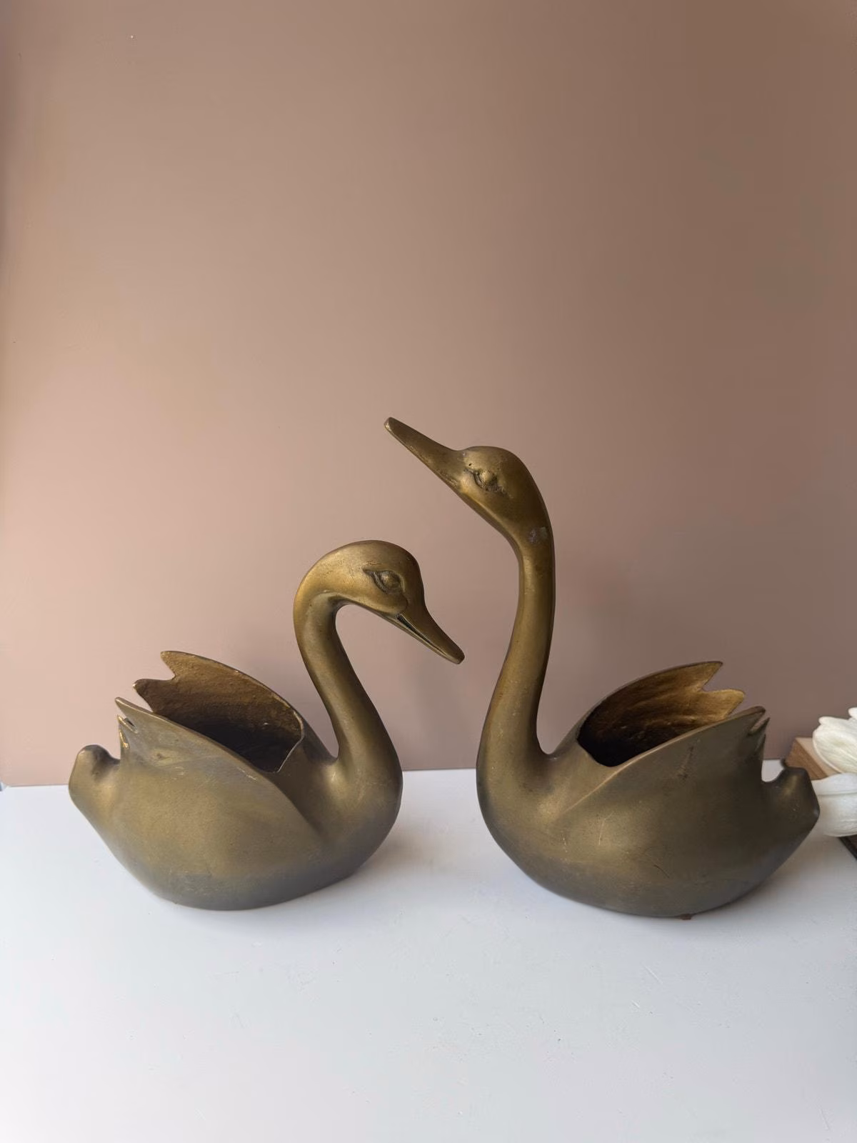 Vintag Brass Swan Planters | Set of 2 | Dark Patina | MCM Hollywood Regency Dark Academia Decor Tablescape