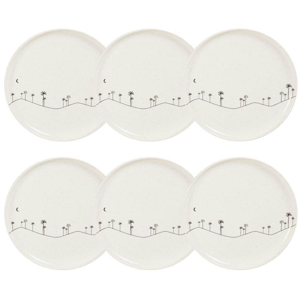 DESERT - Assiette à dessert en grès beige motifs palmiers noirs