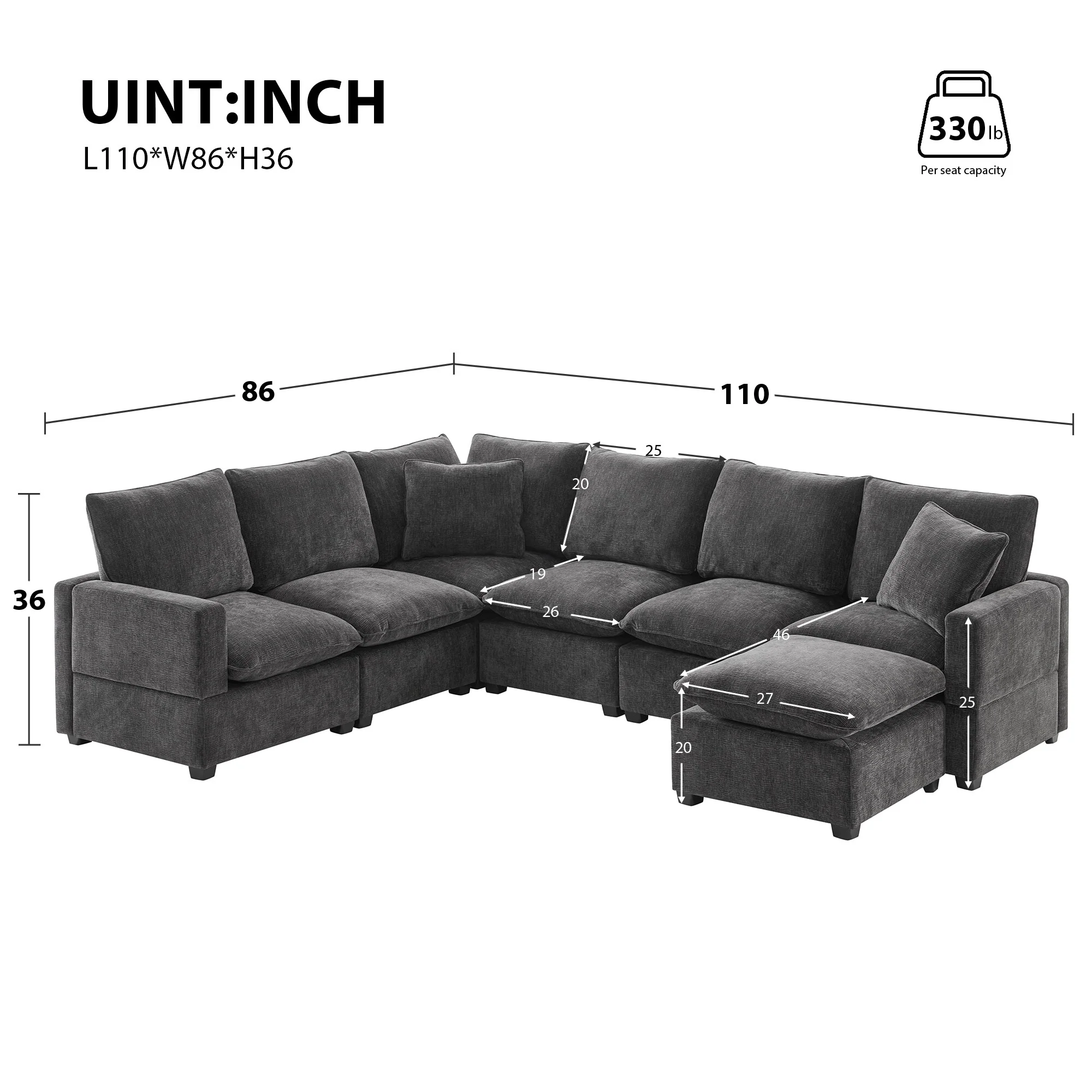 Black 110 Modular Chenille 7-Seat Corner Sectional Sofa Set with 2 Pillows and Ottoman for Living Room or Apartment