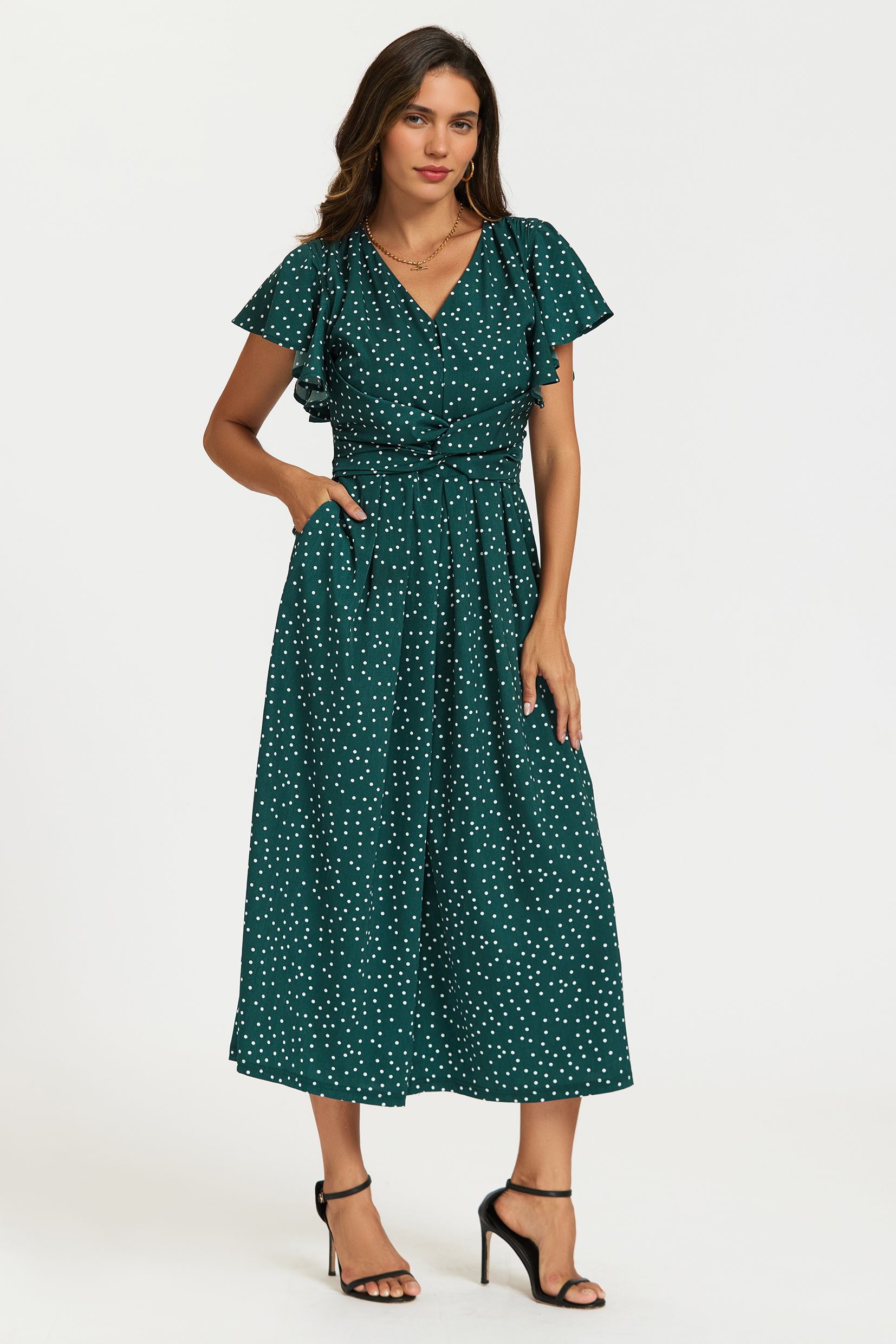 FS Collection Polka Dot Angel Sleeve Twist Jumpsuit In Green