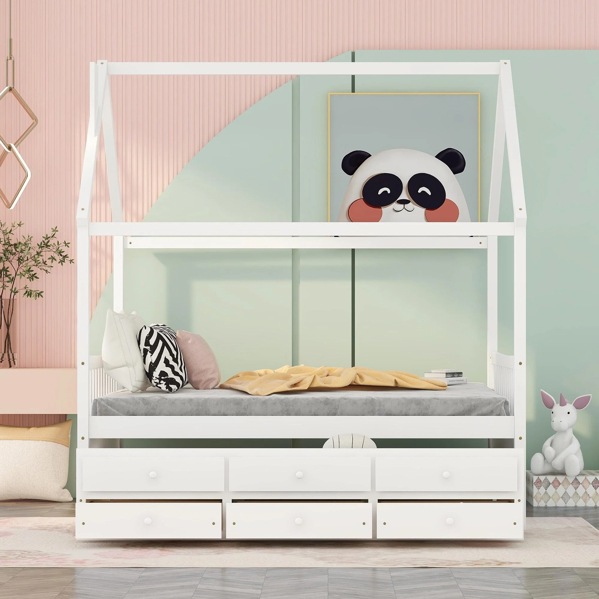 Full House Bed with Pull-Out Trundle and 3 Storage Drawers, Perfect for Sleepovers