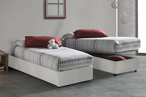 Lit simple Dferrara, Lit coffre avec revêtement en similcuir, Ouverture frontale, adapté pour matelas 80x200 cm, Blanc