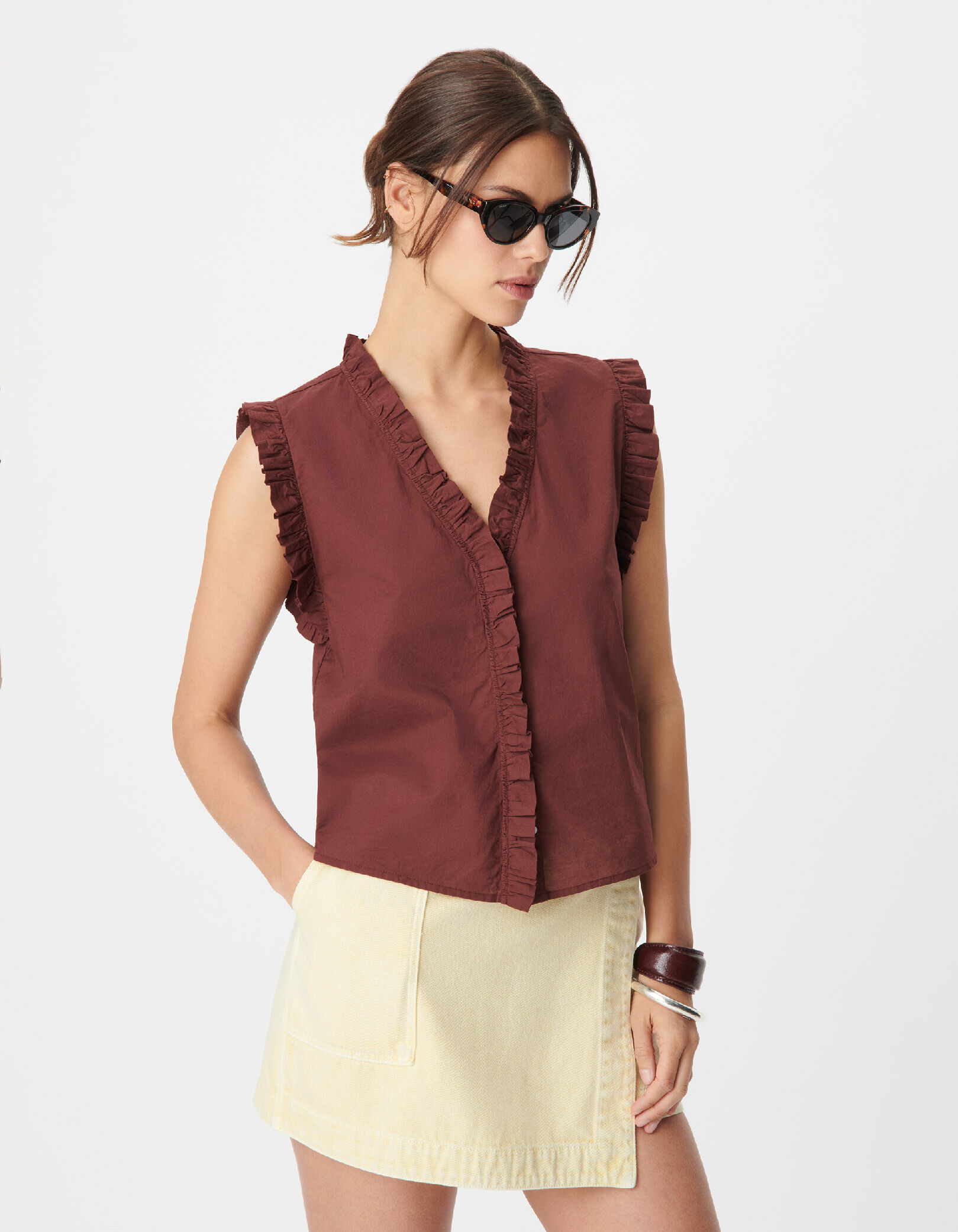 Top sans manches marron à plis ruchés Femme