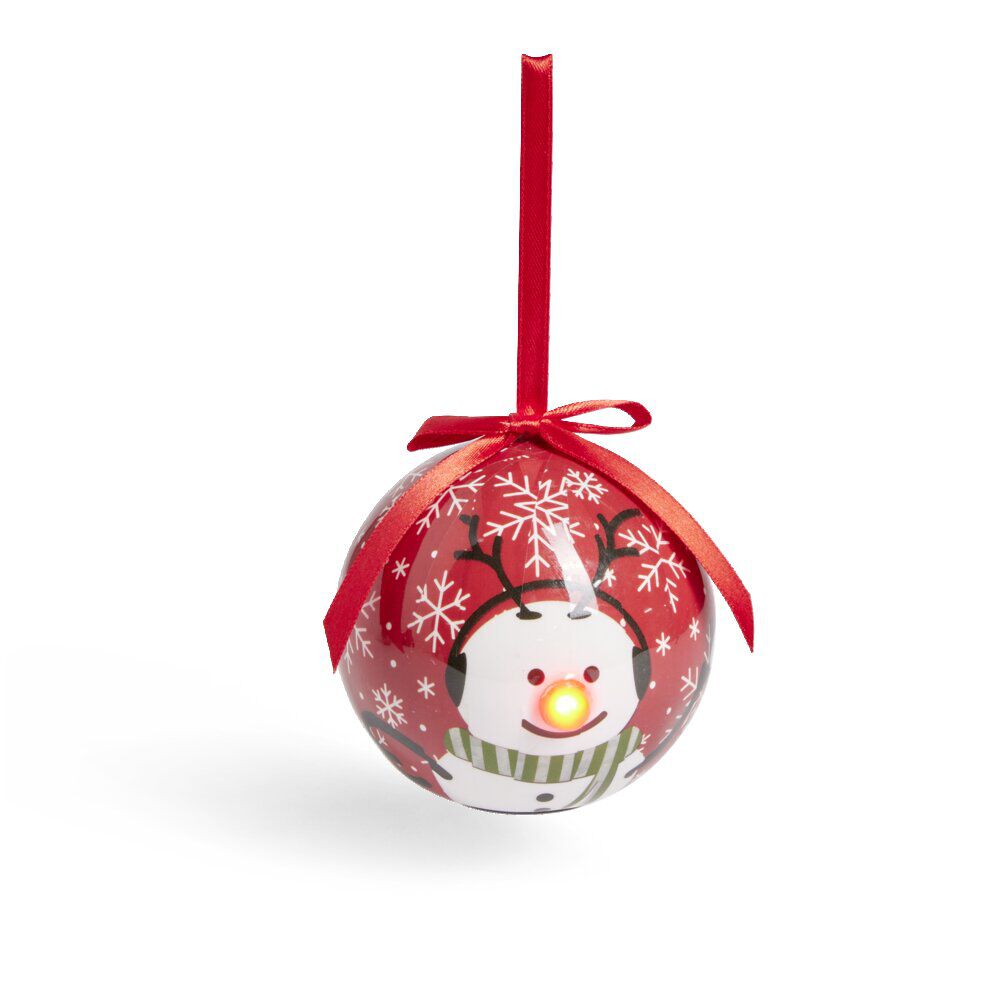 Boule de No&euml;l à suspendre avec nez rouge LED Ø8cm (4 modèles)