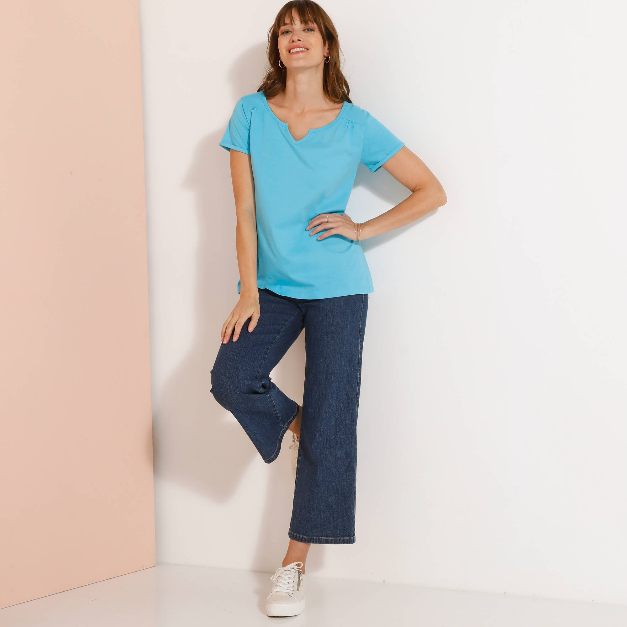 T-shirt col tunisien uni, coton