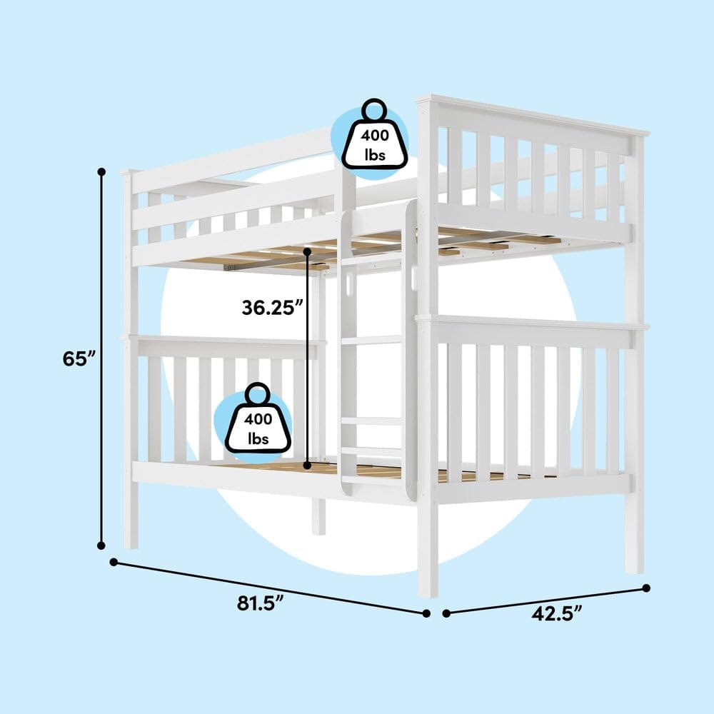 Max & Lily Bunk Bed Twin over Twin, Solid Wood Bunk Bed Frame with Ladder for Kids, 14 Safety Guardrails, Easy Assembly, No Box Spring Needed, White