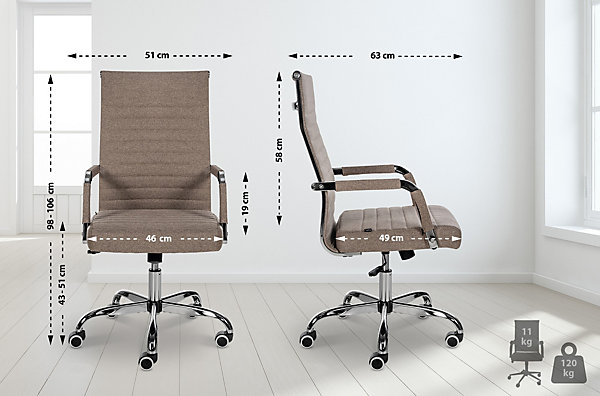 Chaise de bureau ergonomique Amadora, réglable en hauteur, pivotante 360 degrés, similicuir ou tissu. Taupe/Tissu