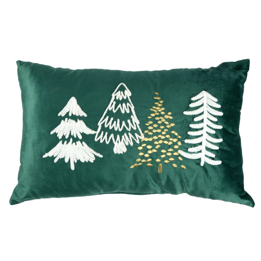 Coussin rectangulaire velours imprimé sapins de No&euml;l polyester L50X30 cm vert
