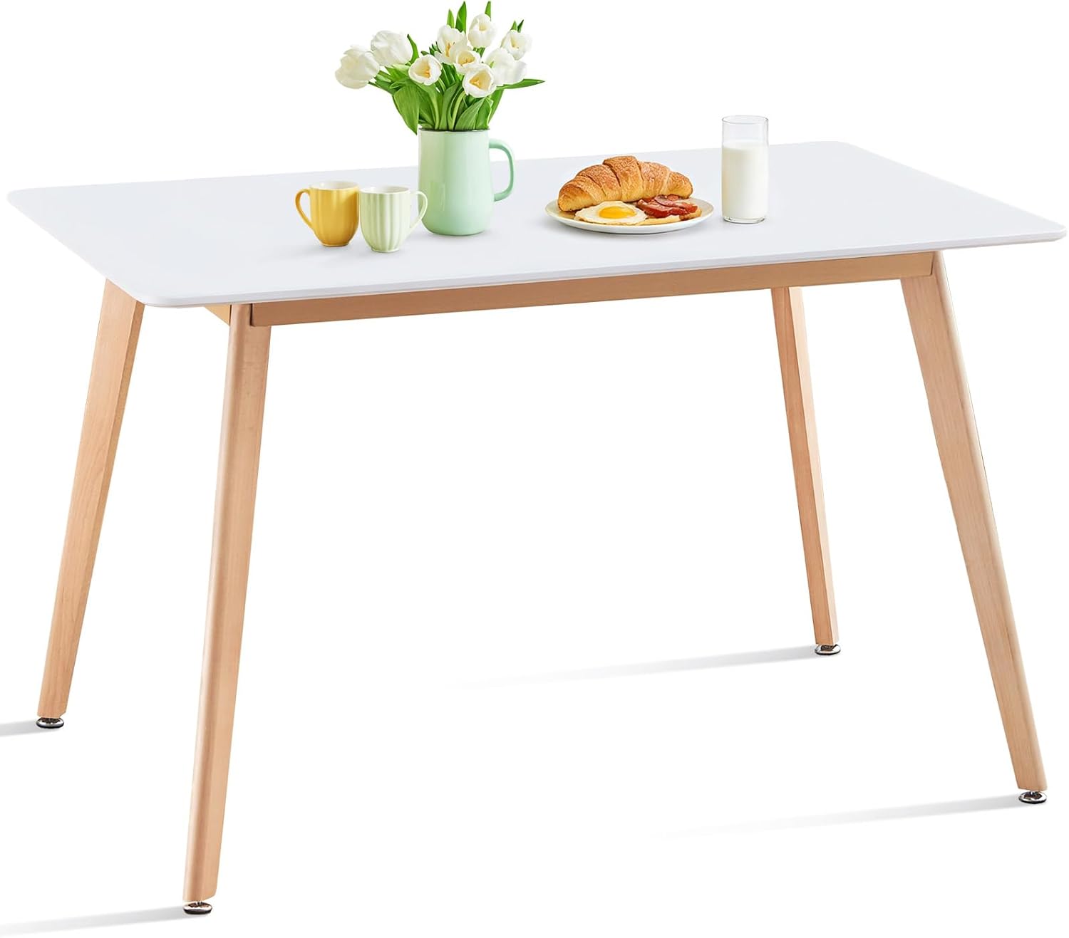 47.2 Rectangular White Dining Table for 4-6 People, Modern Kitchen Table with Wood Legs, Mid Century Design for Dining Room & Living Room