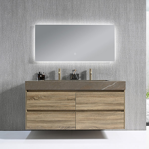 Meuble salle de bain double vasque 120cm bois et effet marbre marron avec miroir LED LB-8476M-120