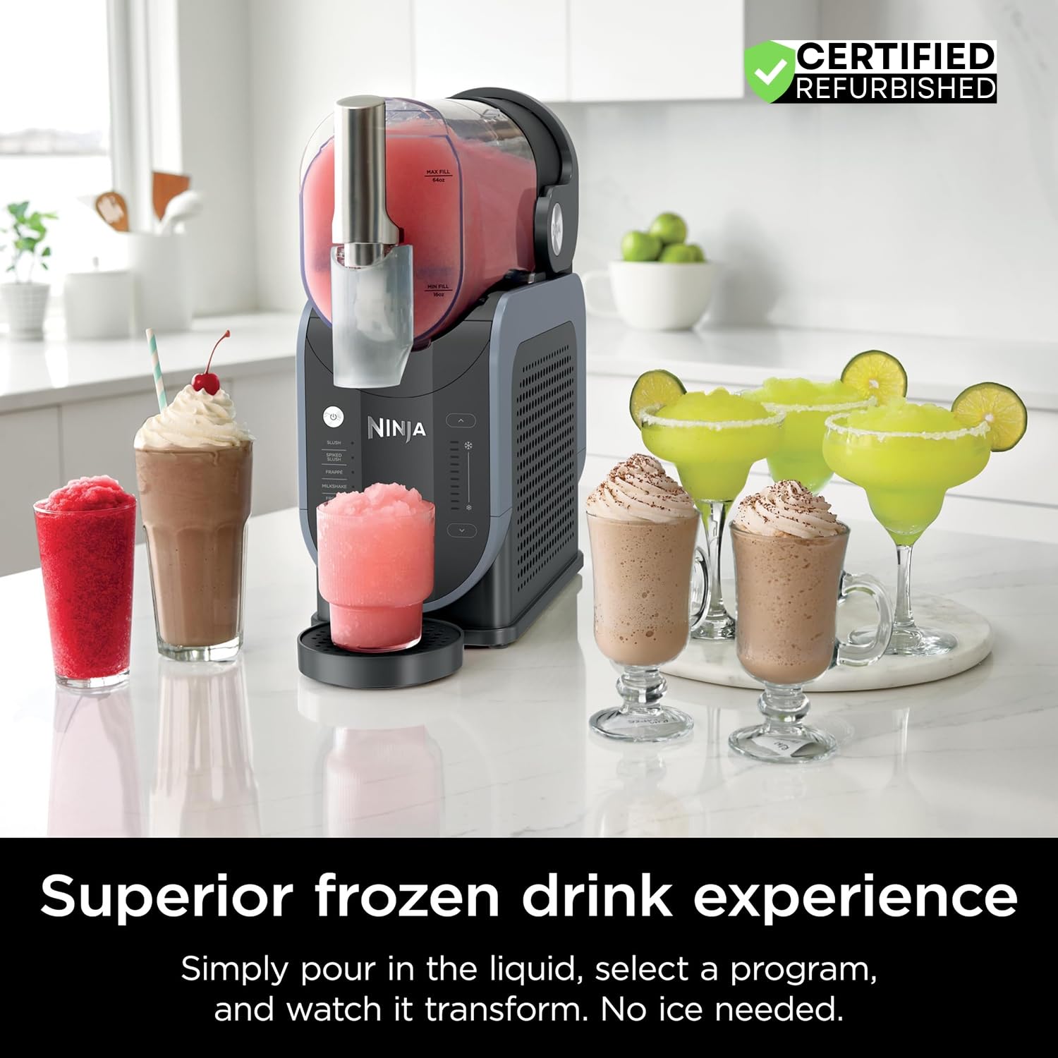 Ninja FS301 Professional Maker with RapidChill Technology, 88 oz Drink & Slushie Machine, 5 Preset Programs, Frozen Margaritas, Frappés, and More, Premium Accents, Black (Renewed)