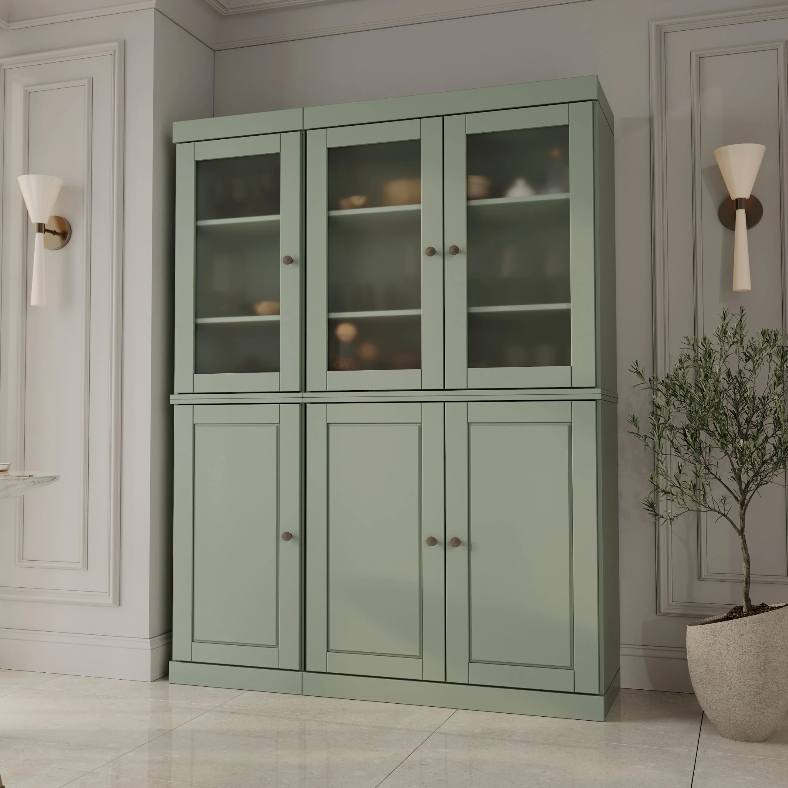 Palace Imports 100% Solid Wood 48.5 Pantry China Cabinet with Frosted Glass, Solid Wood Doors and 2-Drawers