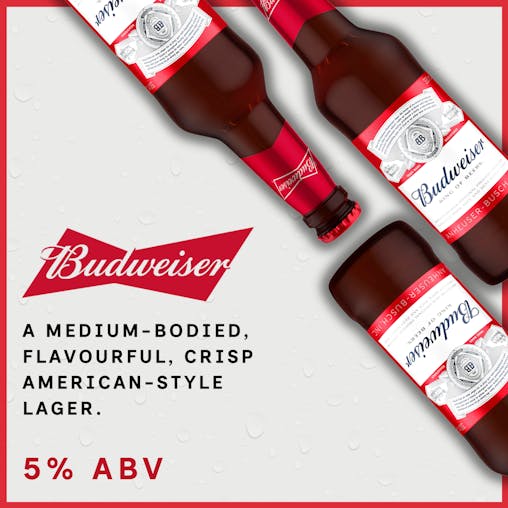 Budweiser, American-Style Lager Beer, Classic & Crisp Finish, 5% ABV, 330mL (Case of 24 Bottles)