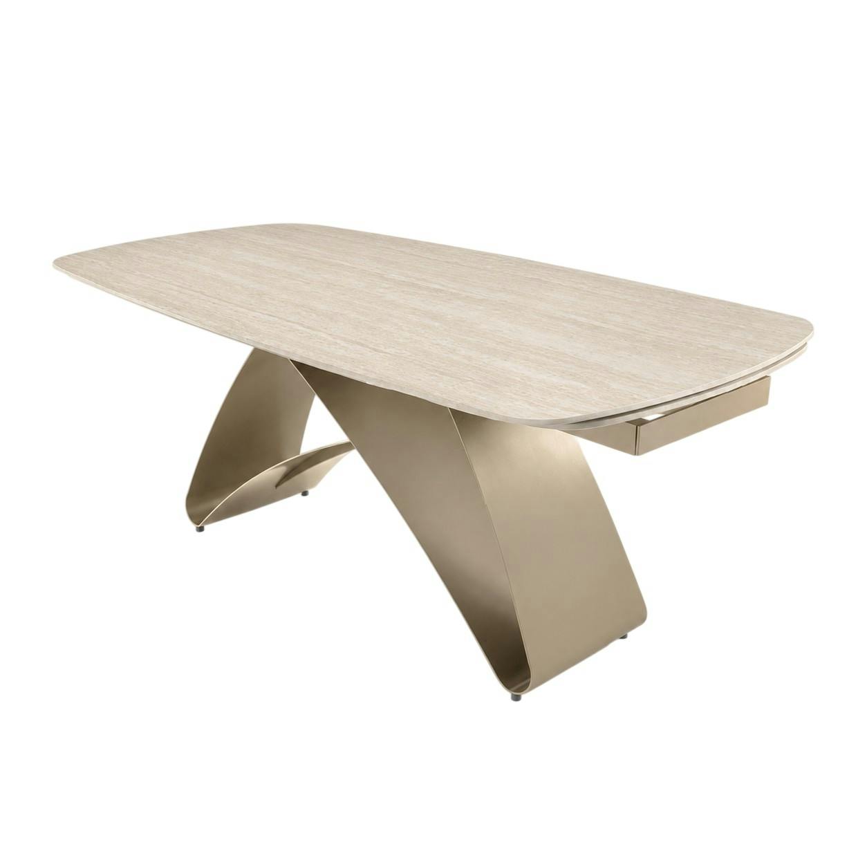 Table céramique décor travertin pied design bronze 200-280 cm LORA