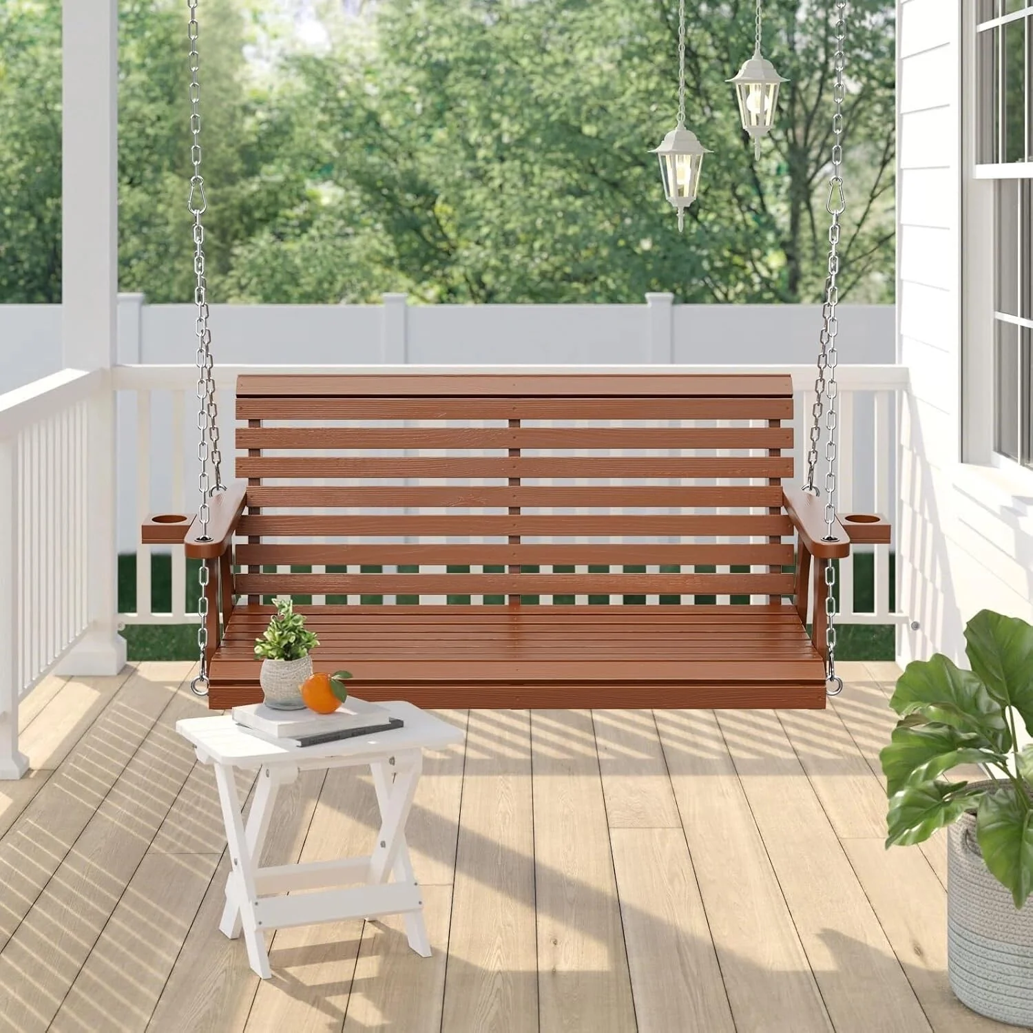 2-Seat Outdoor Wooden Porch Swing Bench with Hanging Chains & Wide Armrests & Cup Holder