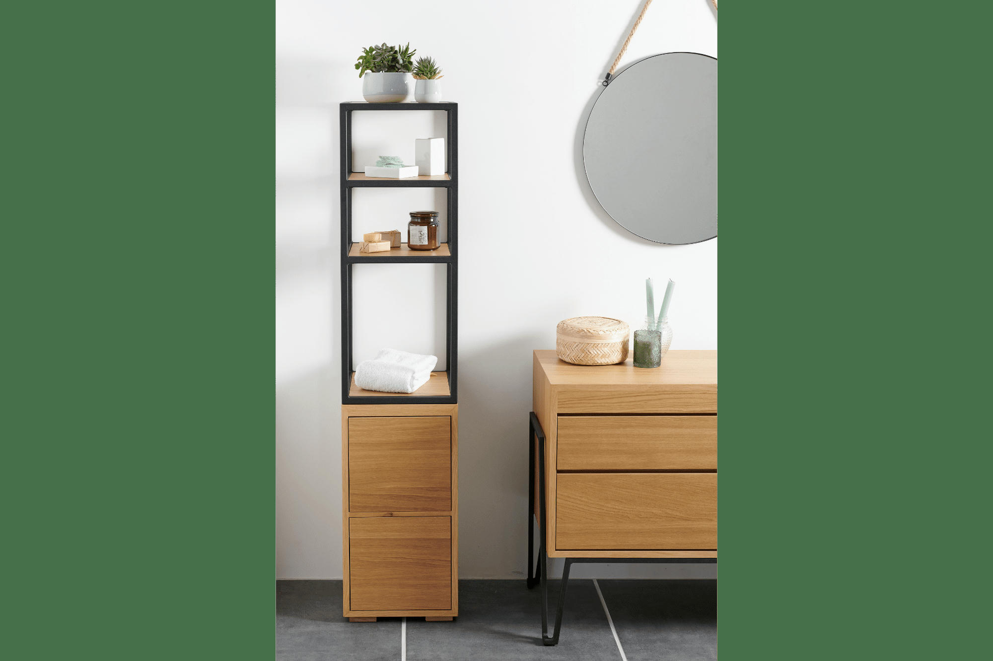 BRIGHTON - Colonne de salle de bain en chêne 3 tablettes et 2 tiroirs