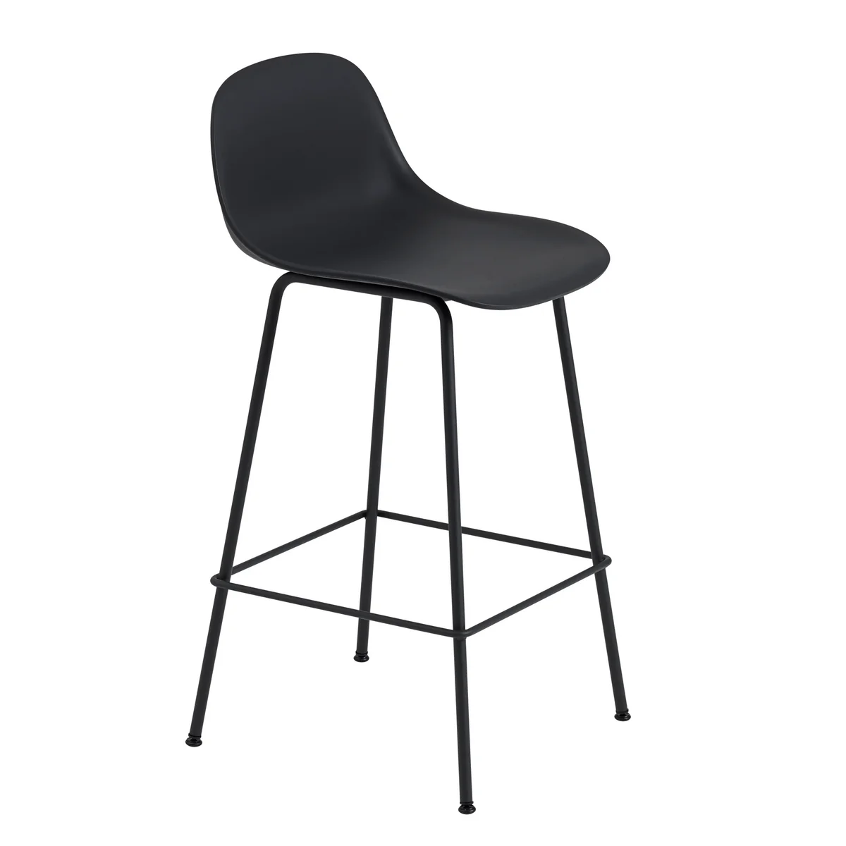 Muuto - Fiber Barhocker Tube Base mit Rückenlehne H 65 cm, schwarz / Leder cognac