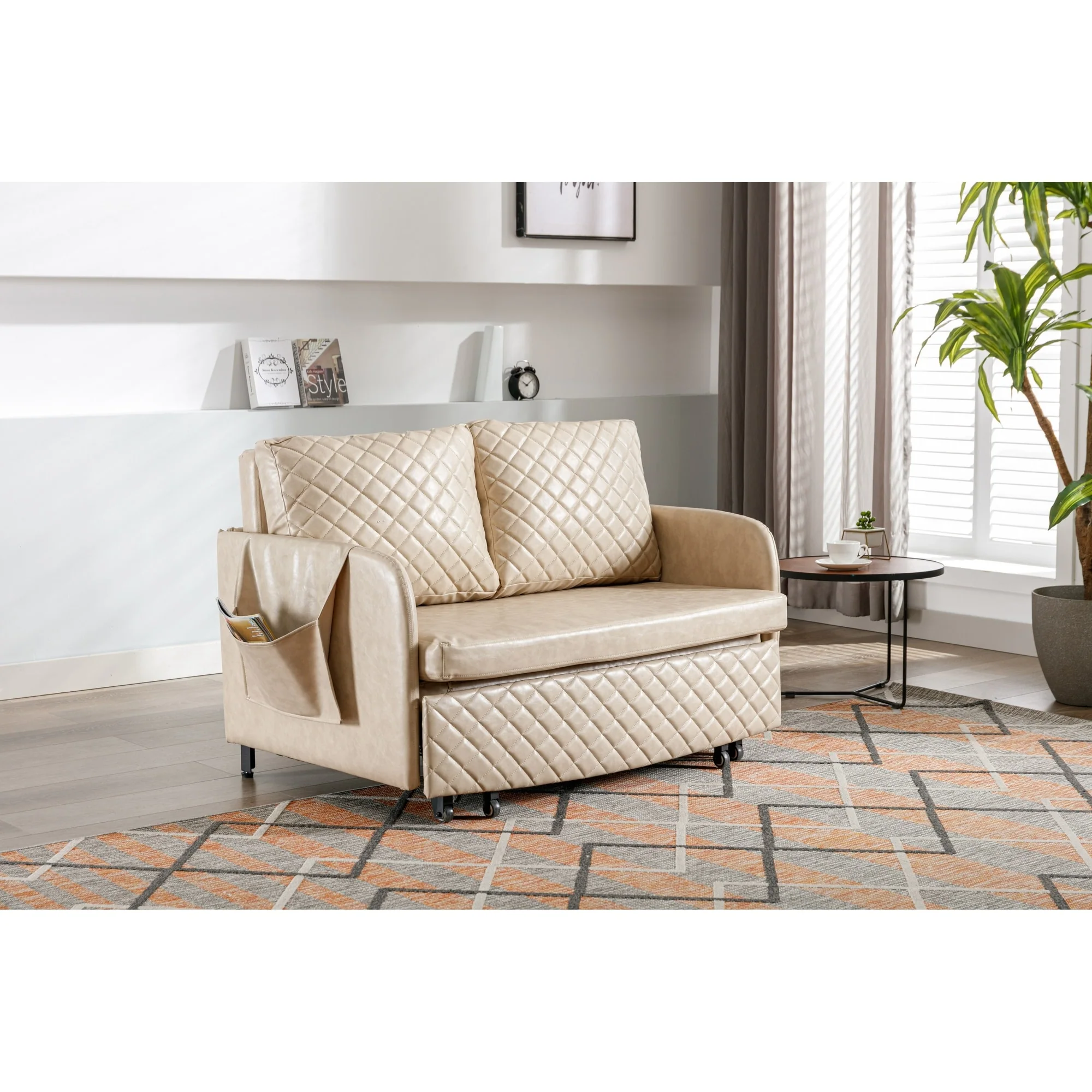 HOMEFUN Linen/PU Loveseat Convertible Storage Sleeper Sofa Bed with Headboard