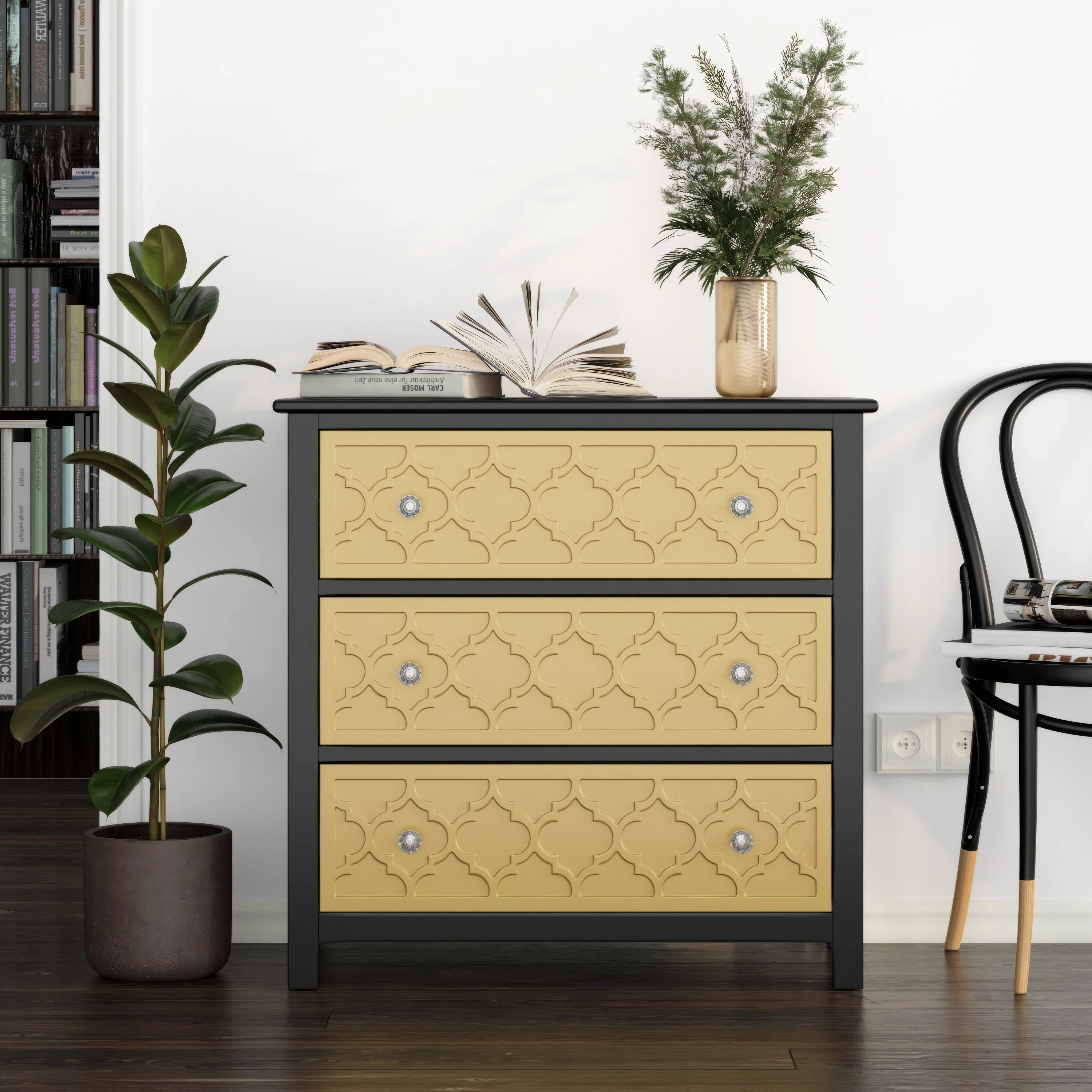 COZAYH Vintage 3-Drawer Dresser with Geometric Pattern, Acrylic Handle, Mid-century Retro Chest of Drawers, Fully-Assembled