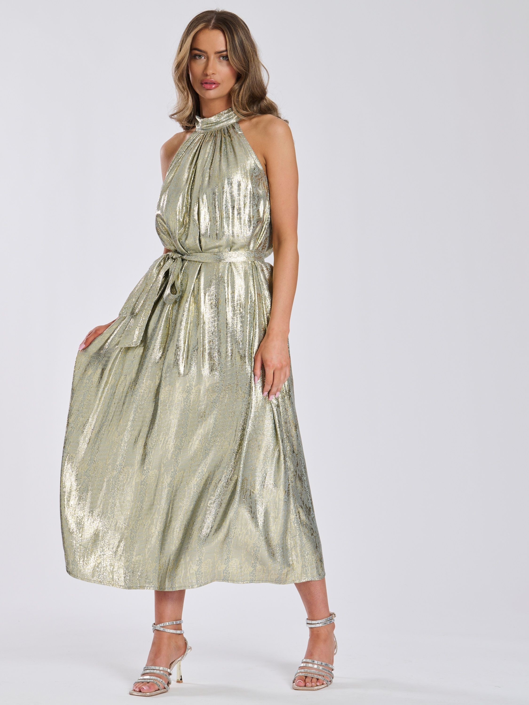 Finding Friday Metallic High Neck Tie Waist Midi Dress