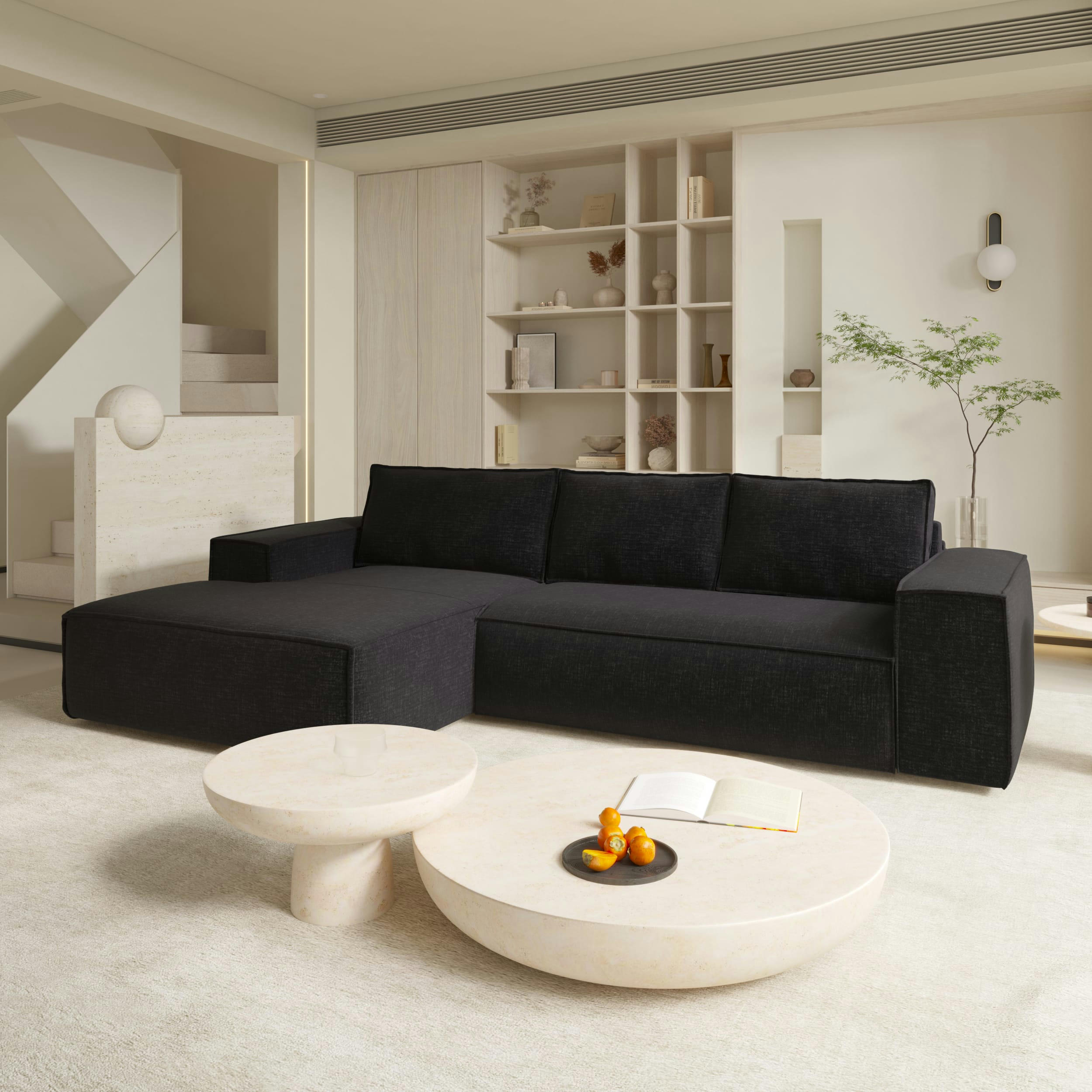 JOAN - Canapé convertible angle gauche velours texturé anthracite 140cm