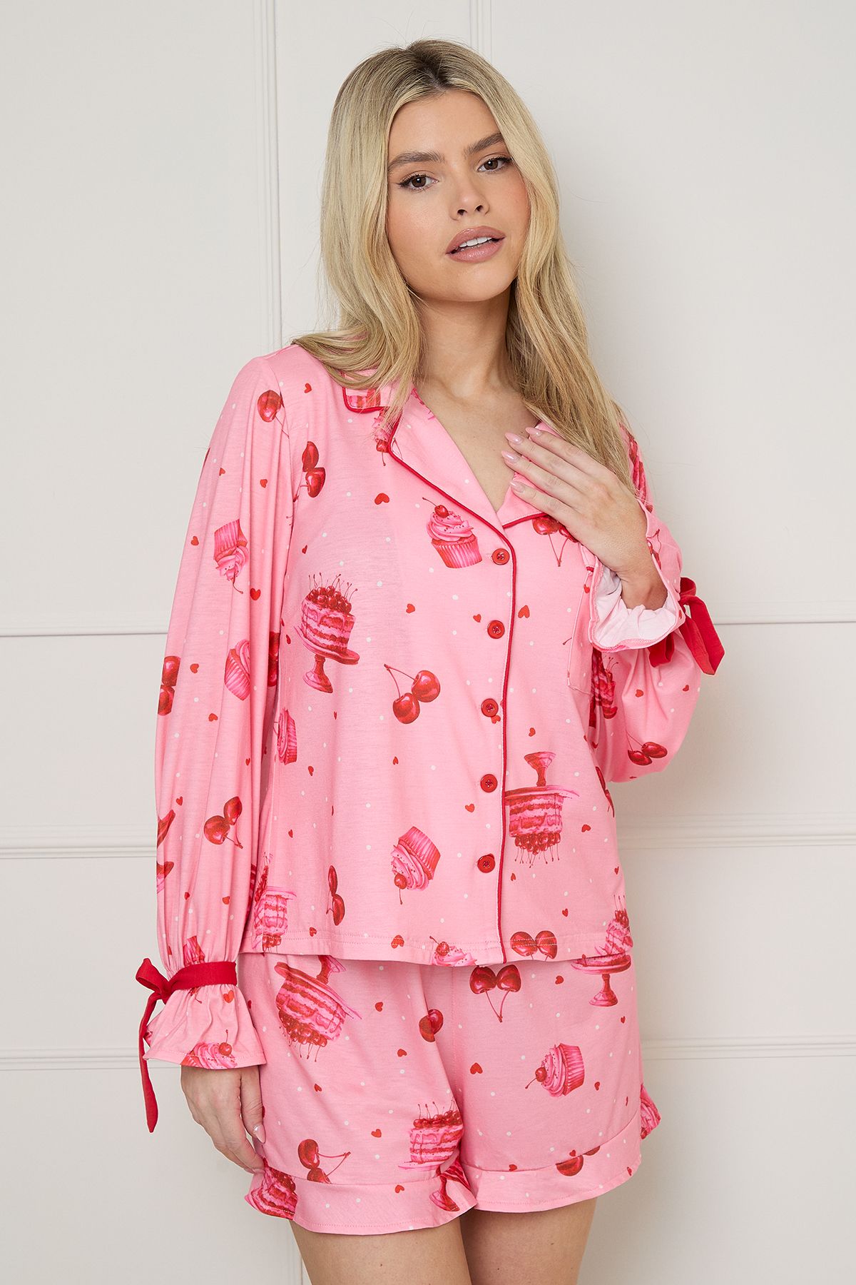 Dorothy Perkins Pink Cakes Long Sleeve Bow Cuff Jersey Pyjama Set