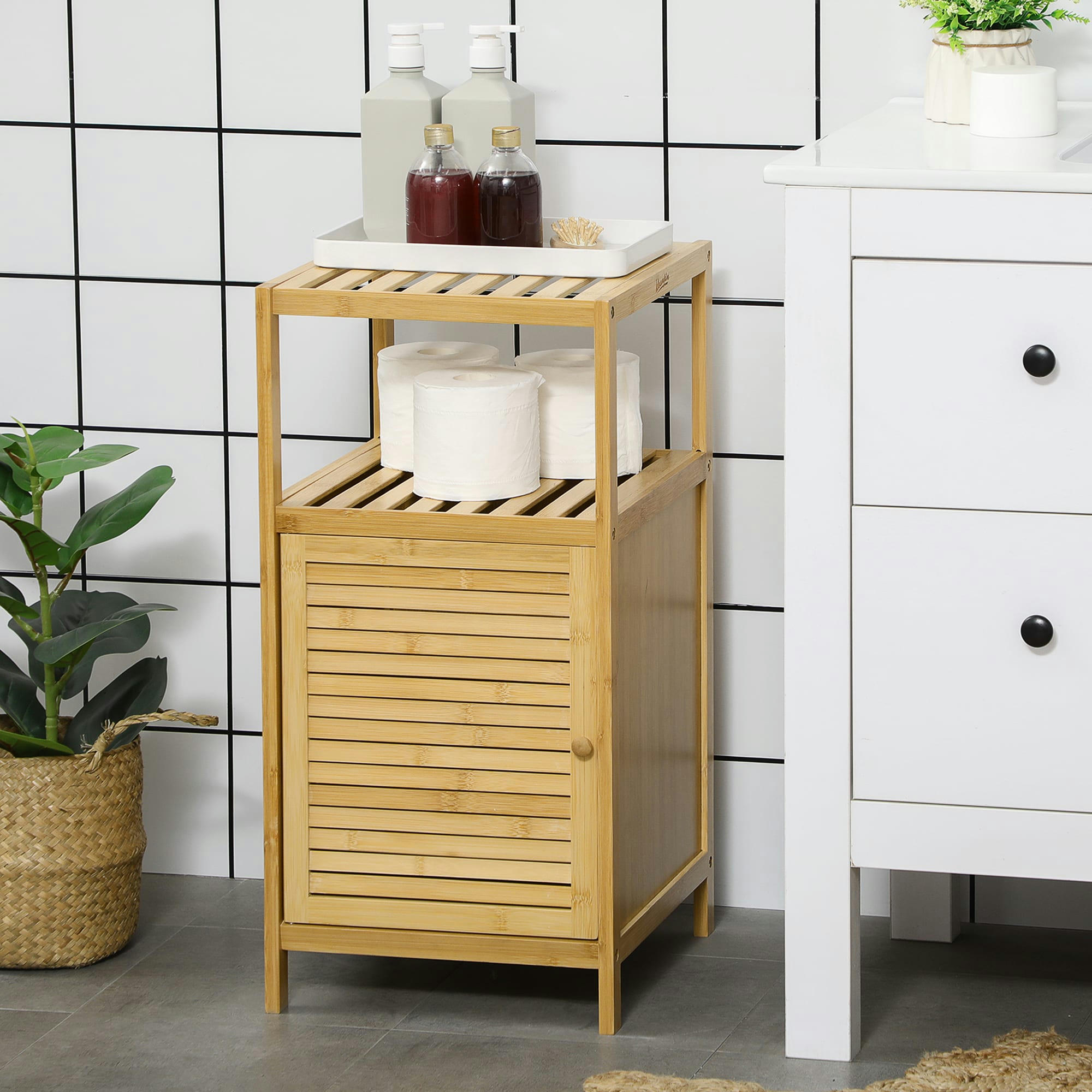 - Meuble bas de salle de bain porte 2 étagères bois bambou verni