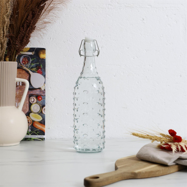 BUTELKA SZKLANA 1L design w kropki Z KORKIEM NA KLAMRĘ