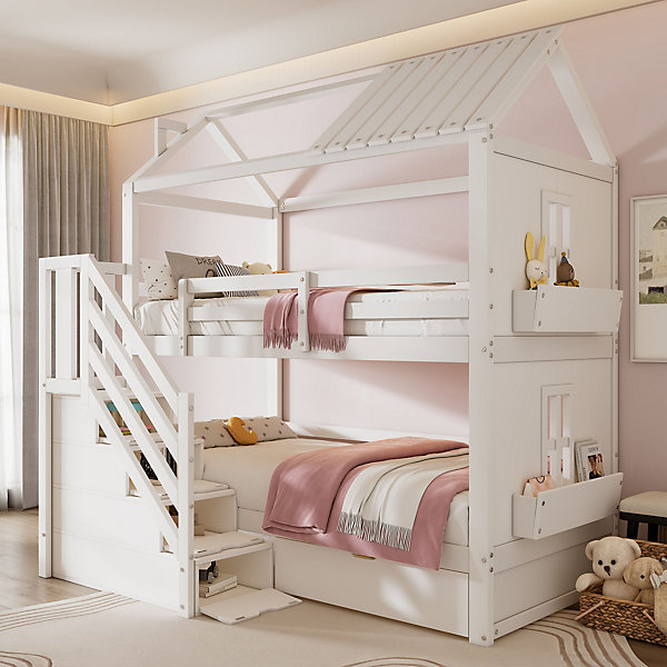Lit superposé 90x200 cm avec escalier de rangement, tiroirs intégrés et structure pin massif et MDF