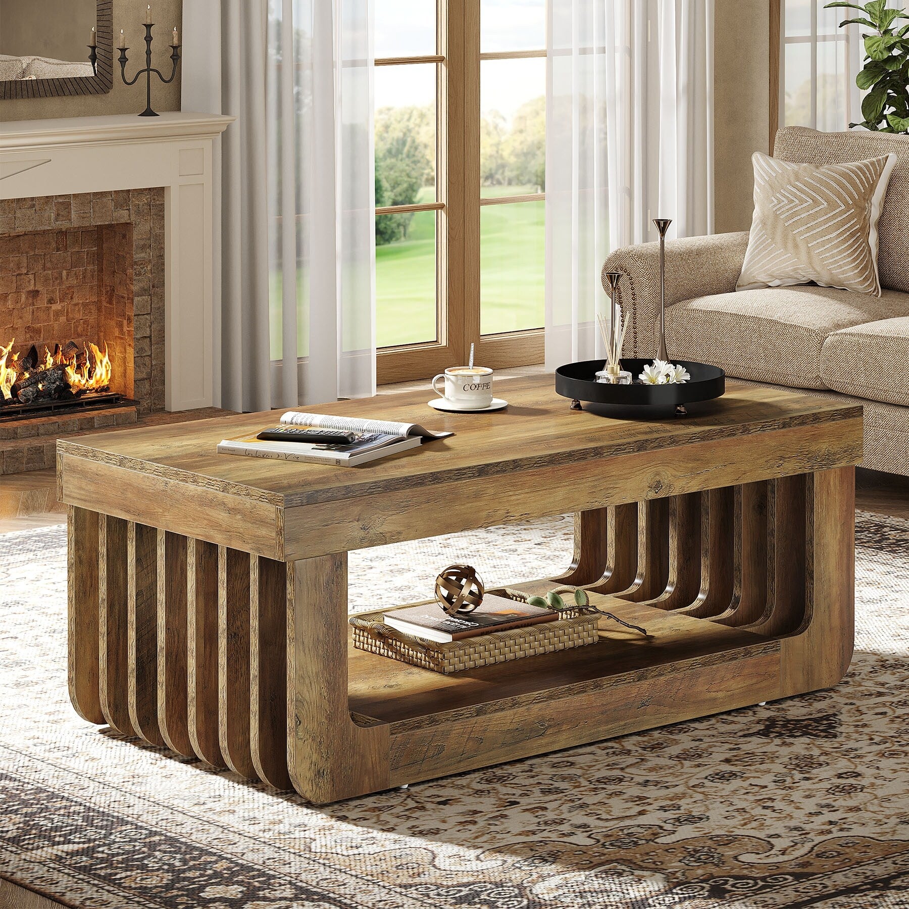 47-Inch Coffee Table with Storage, 2-Tier Rectangle Living Room Center Table