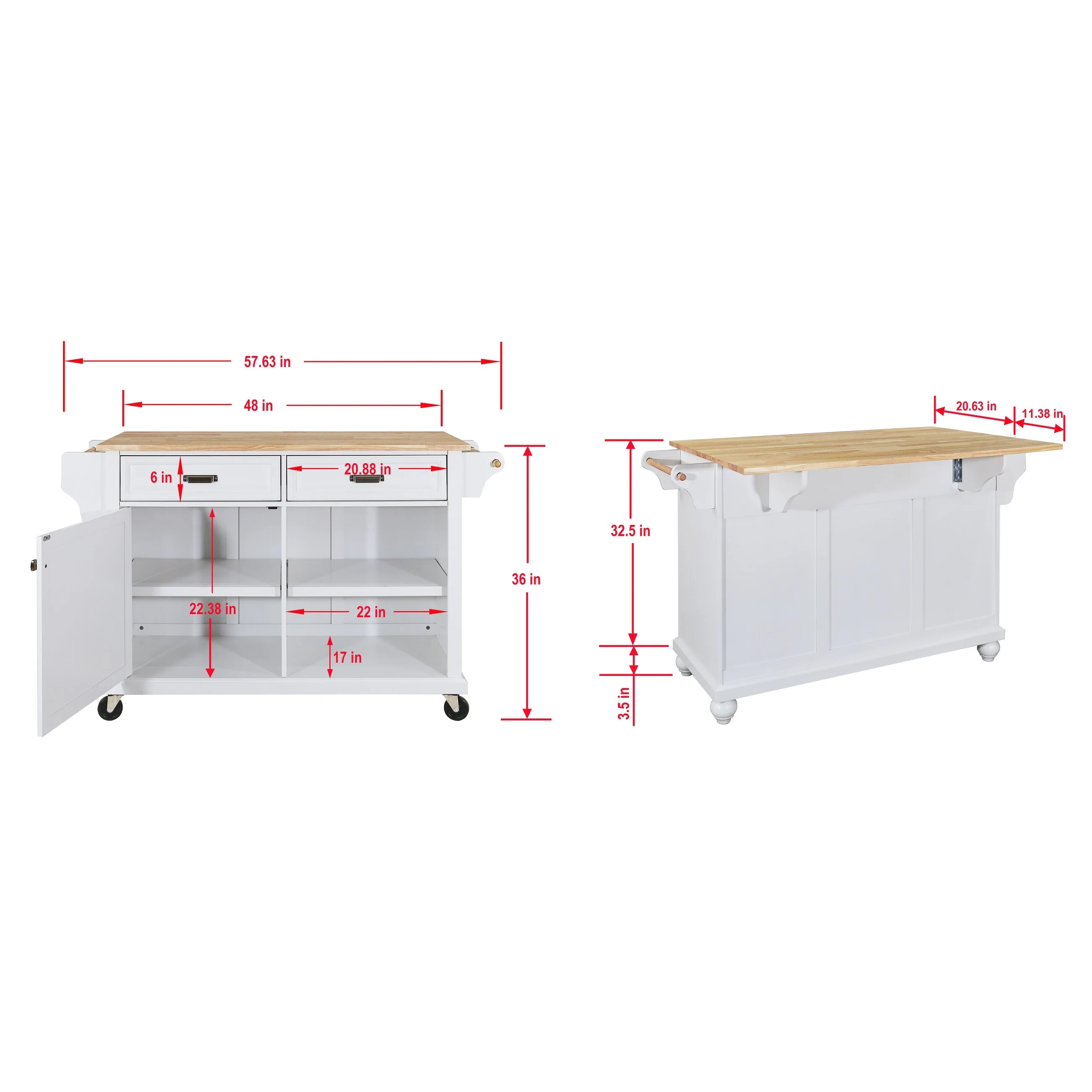 Kitchen Island with Foldable Tabletop, Kitchen Trolley Cart with Locking Wheels, Rolling Island Cart with 1 Door & 2 Drawers
