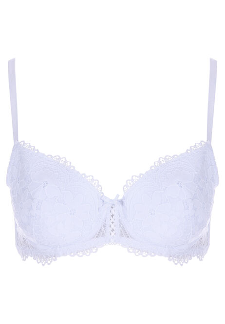 Womens White Floral Lace Balcony Bra (C-DD)