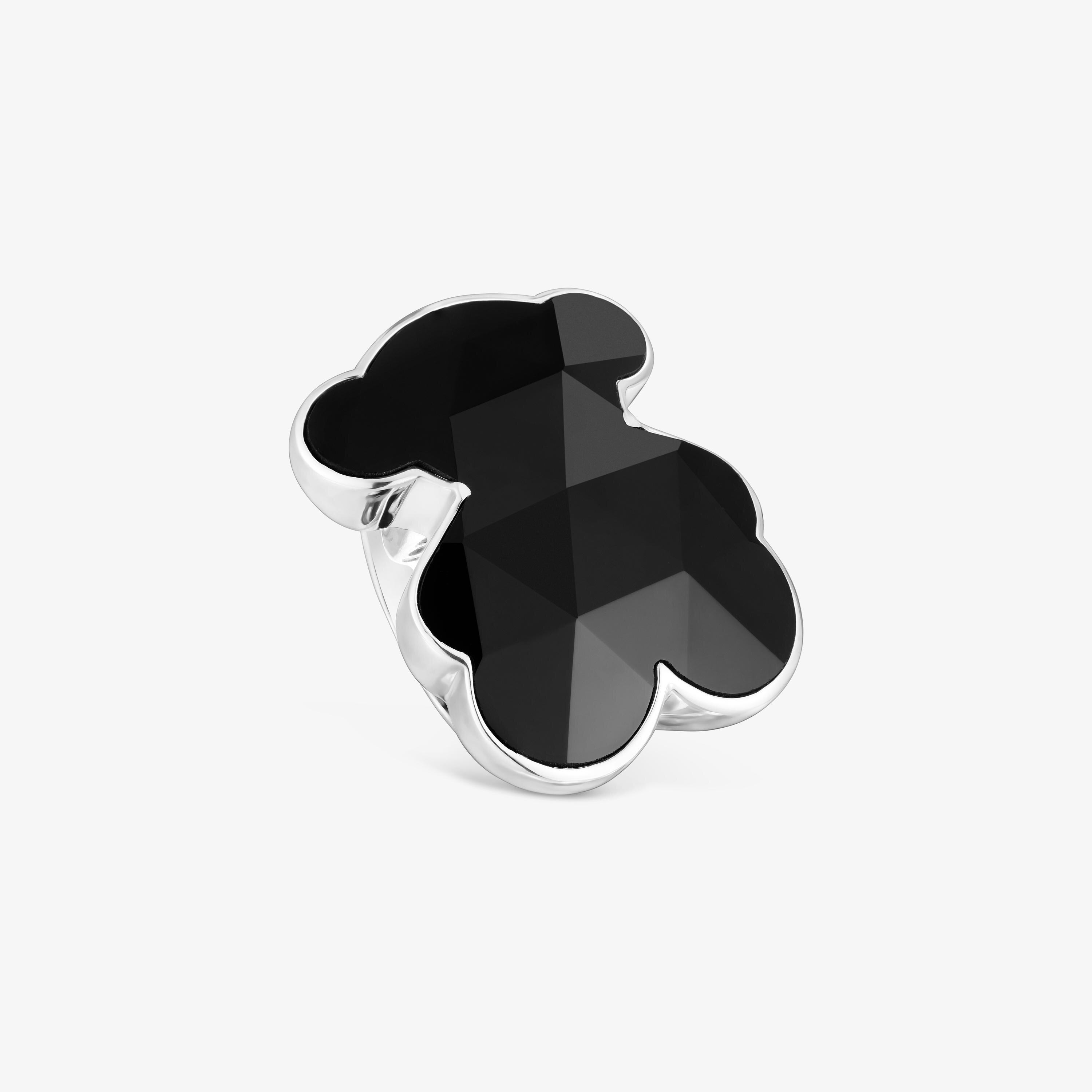 Anillo sello grande de plata y motivo oso en ónix Icon Color